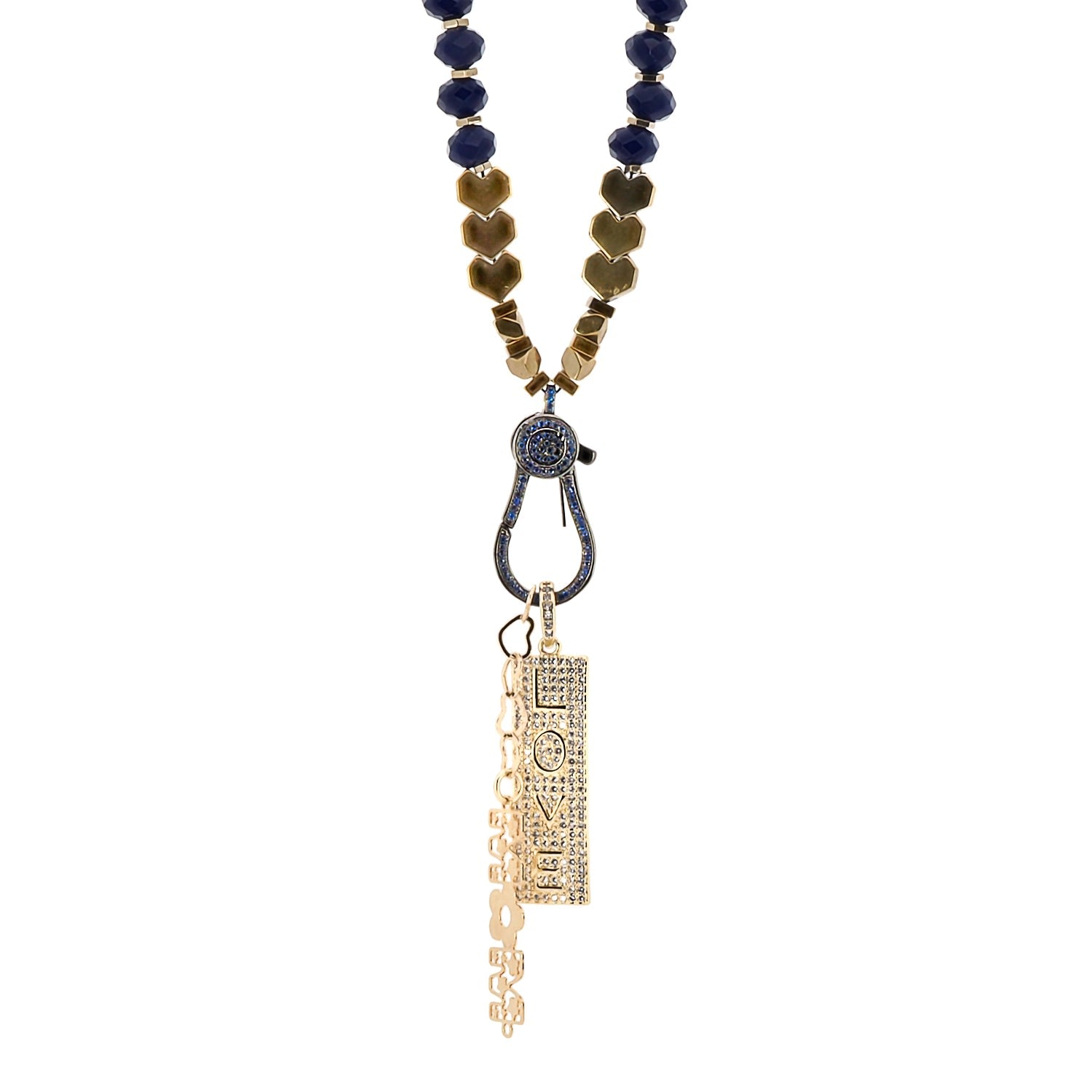 Love & Mom Pendant Gold Heart Hematite Stone Blue Beaded Necklace - Blue