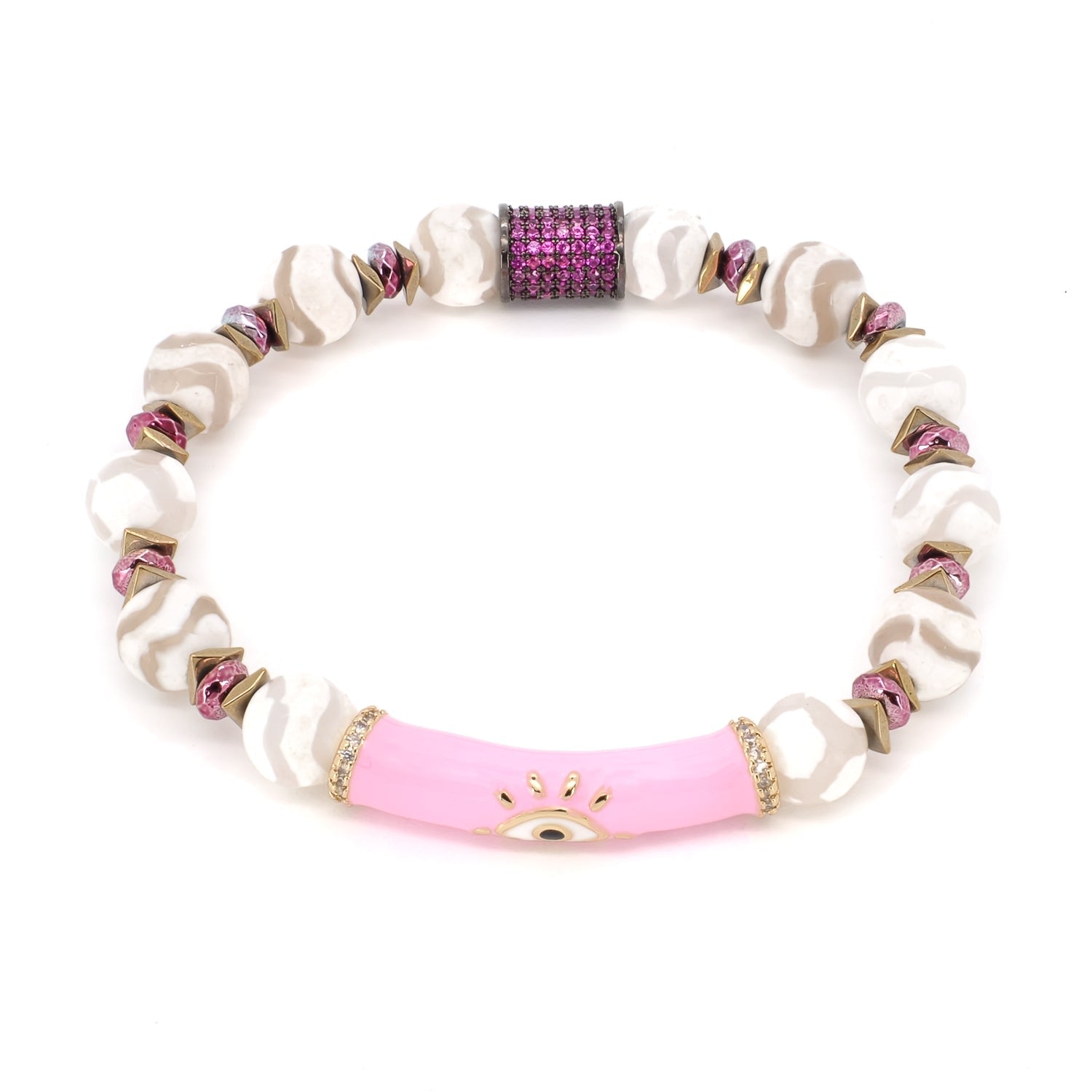 Pink Evil Eye White Nepal Agate Beaded Love Protection Bracelet - Pink