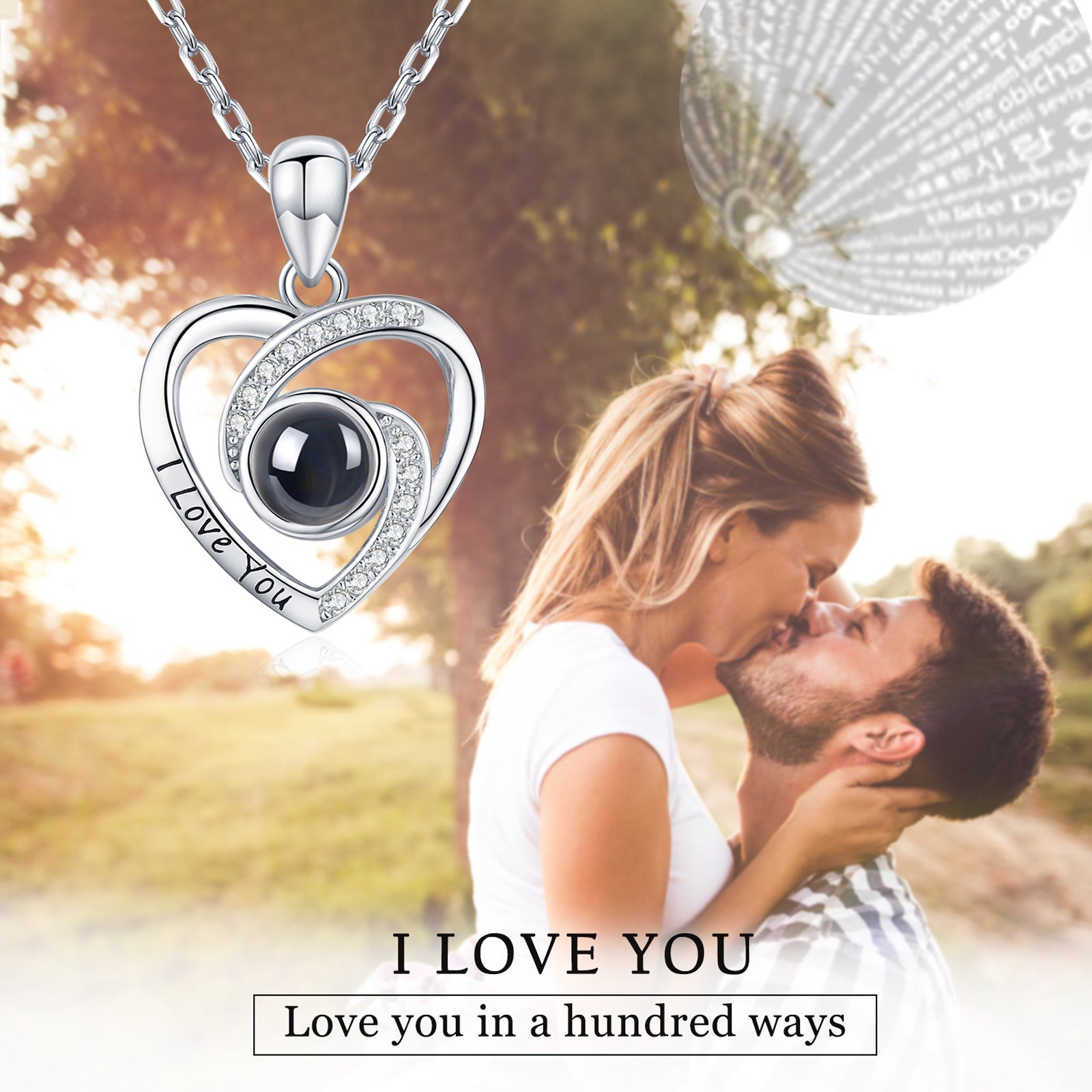 Sterling Silver I Love You Languages Projection Stone Heart Pendant Necklace