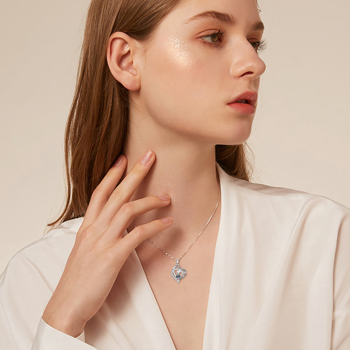 Sterling Silver Projection Stone Heart With Heart Pendant Necklace with Engraved Word