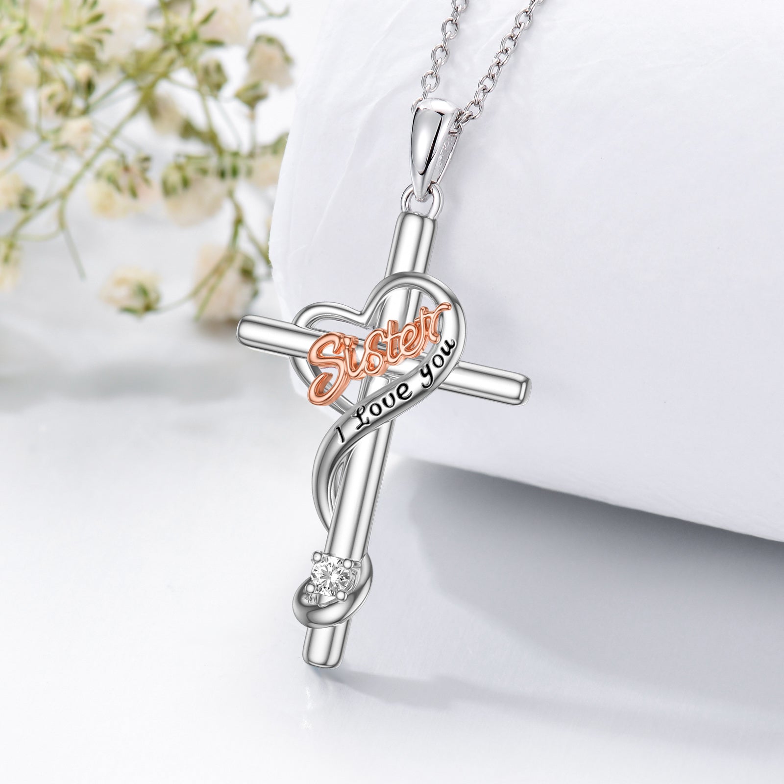 I LOVE YOU Sterling Silver Cross Pendant Necklace as Birthday Gift for Sister