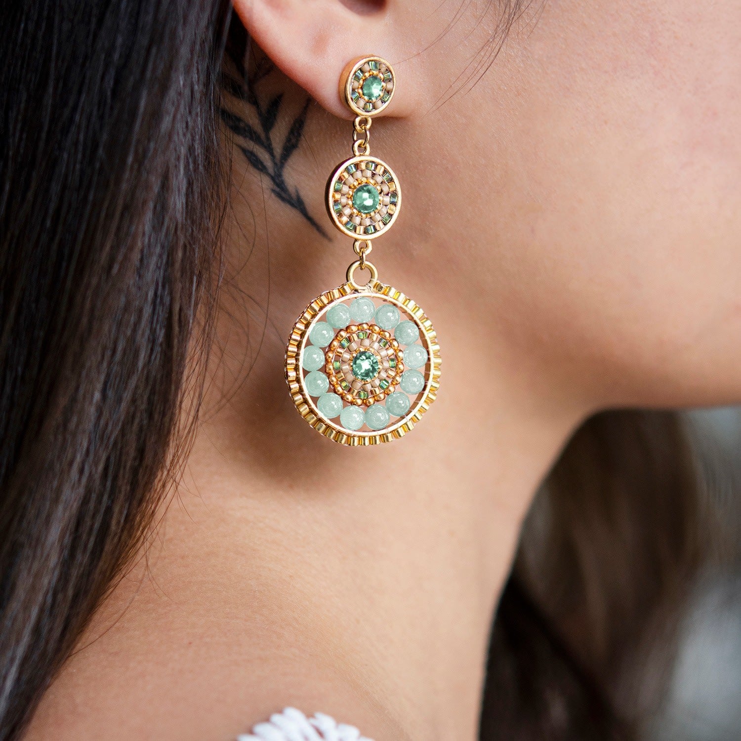 Luxe Triple Circle Statement Drop Earrings - Jade