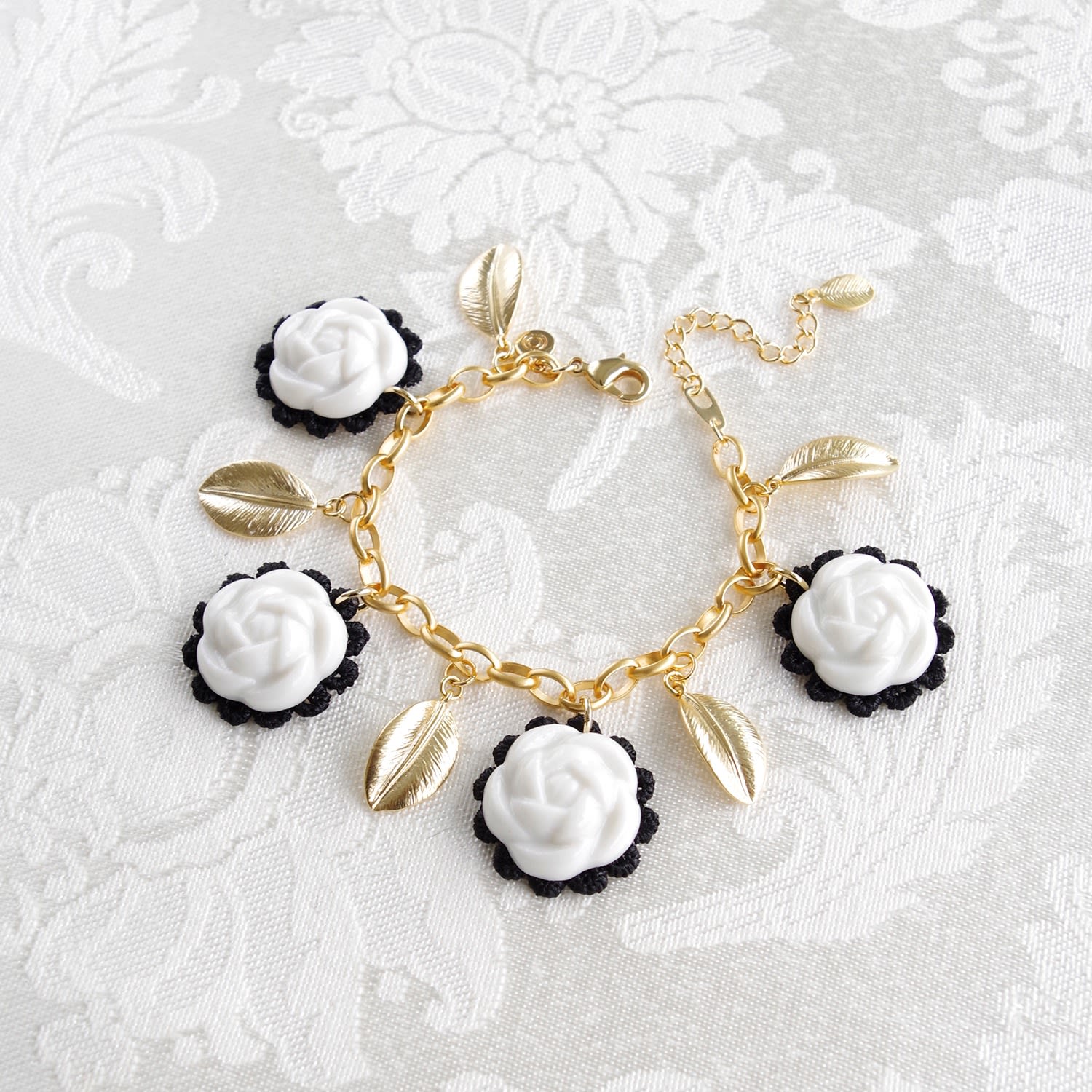 Porcelain Camellias & Golden Leaves Bracelet