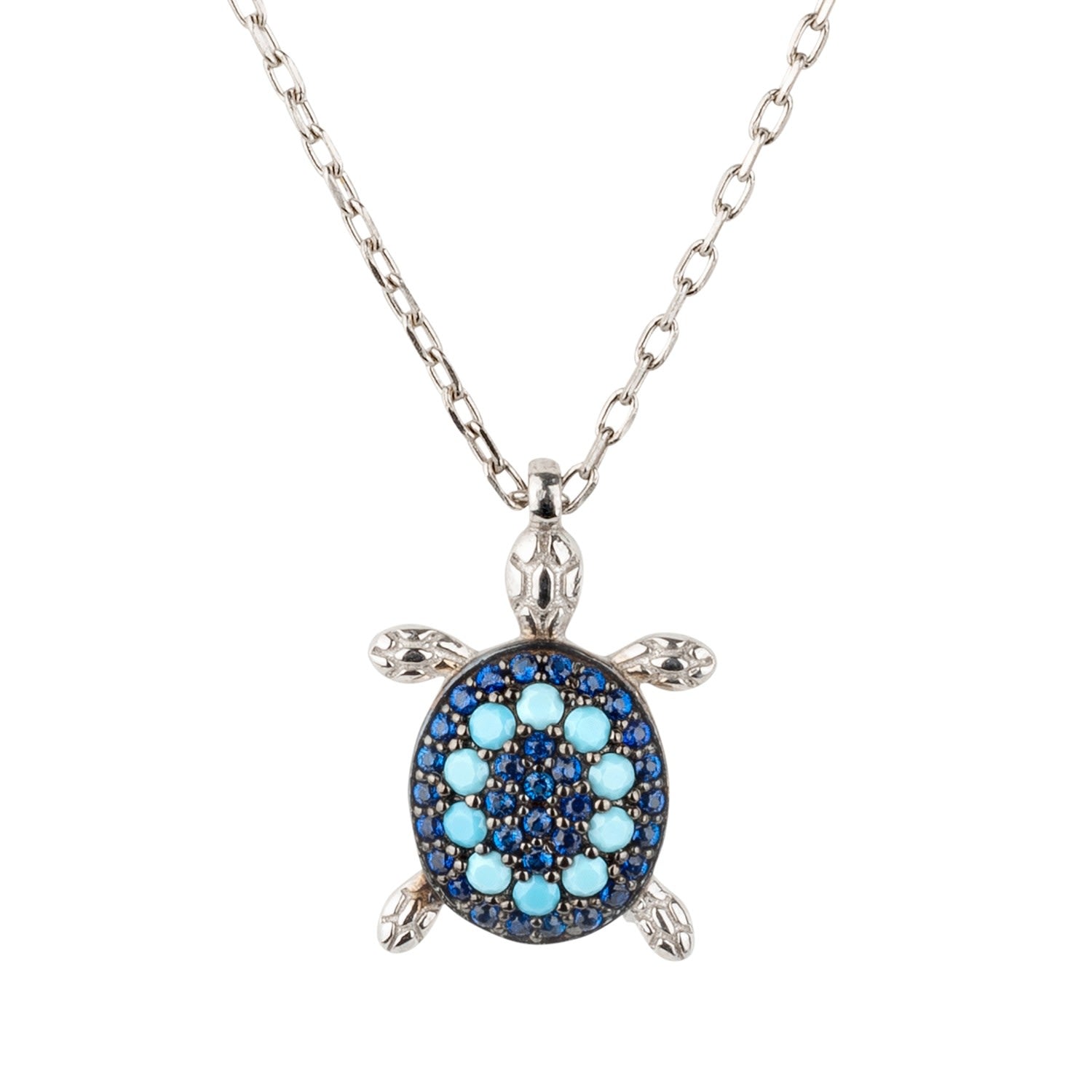 Turtle Turquoise Blue Pendant Necklace Silver
