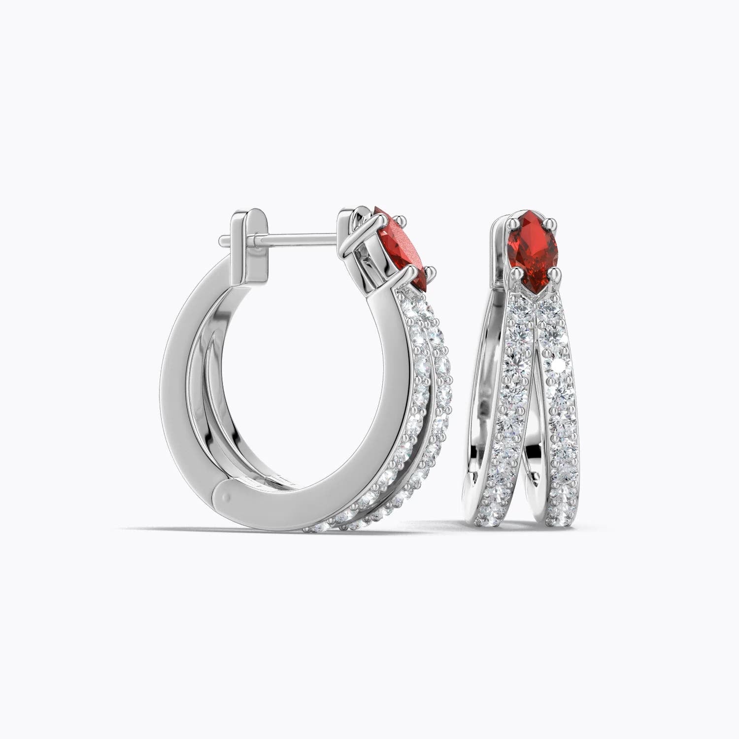 0.76 CTW Marquise Lab-Grown Ruby and Diamond Double-Row Hoop Earrings in 18K White Gold