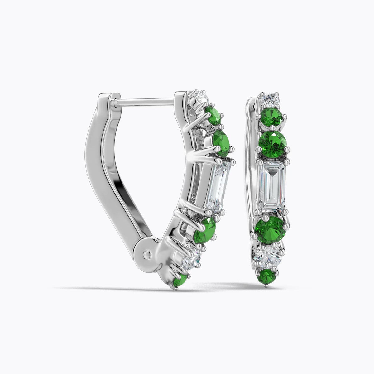 0.75 CTW Baguette Lab-Grown Diamond Huggie Hoop Earrings with Blue Sapphire in 14K White Gold