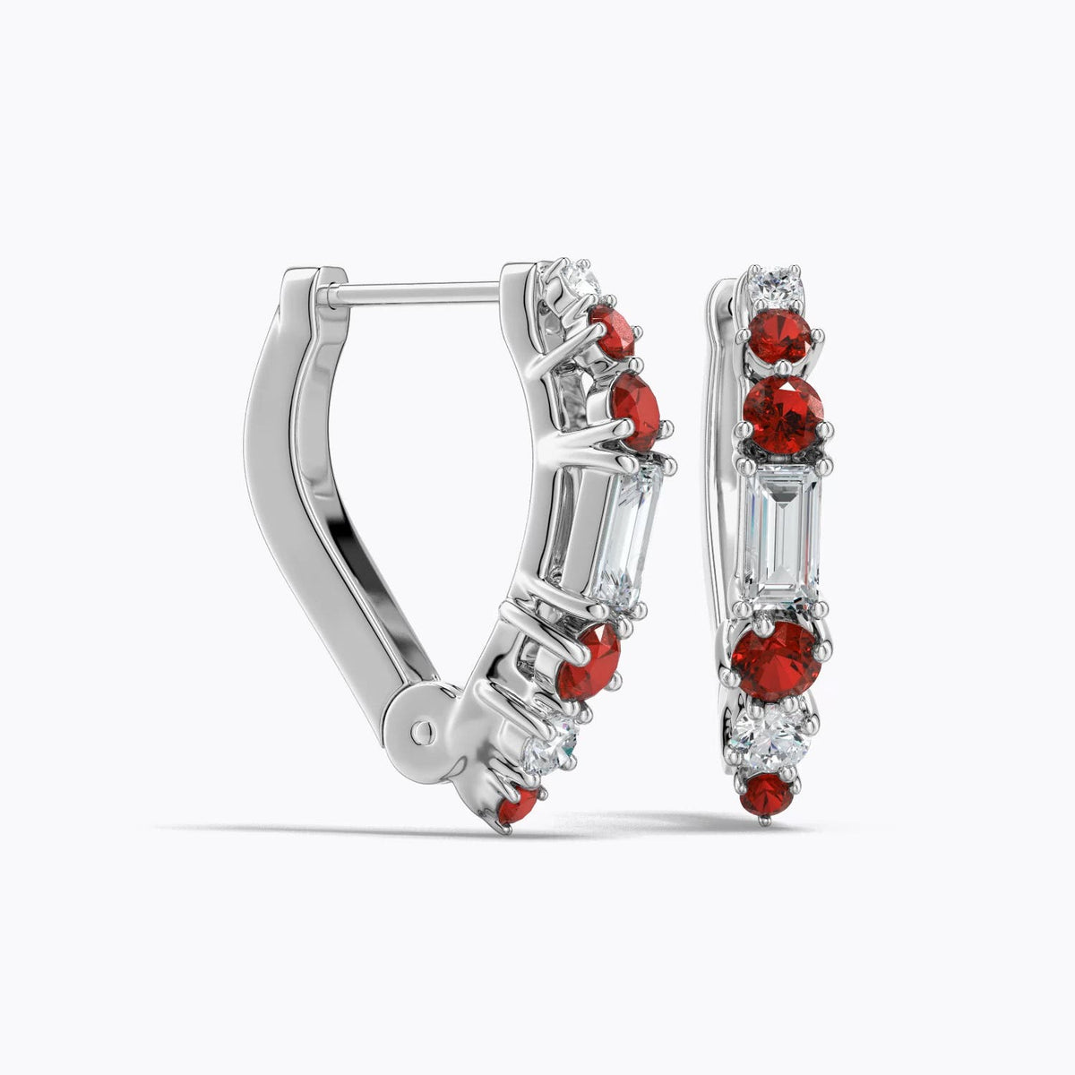 0.75 CTW Baguette Lab-Grown Diamond Huggie Hoop Earrings with Blue Sapphire in 14K White Gold
