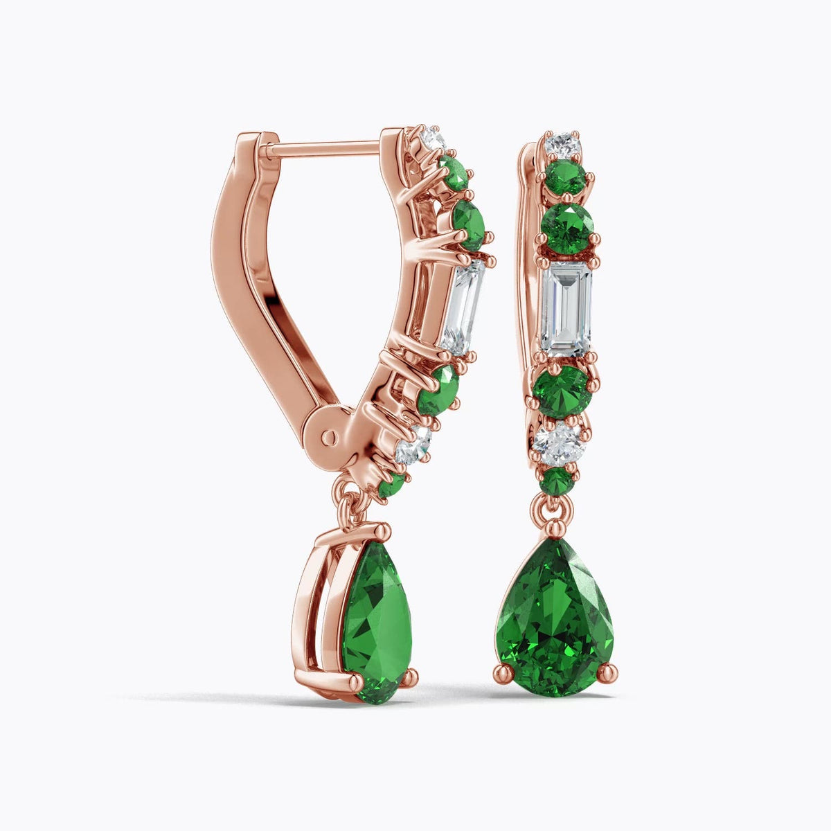 1.94 CTW Lab-Grown Pear-Shaped Emerald Leverback Drop Earrings with Lab Diamond in 14K Rose Gold