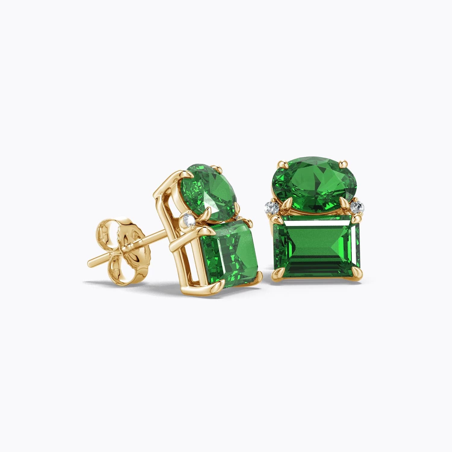 2.53 CTW Oval and Emerald-Cut Lab-Grown Ruby Two-Stone Stud Earrings in 14K Yellow Gold