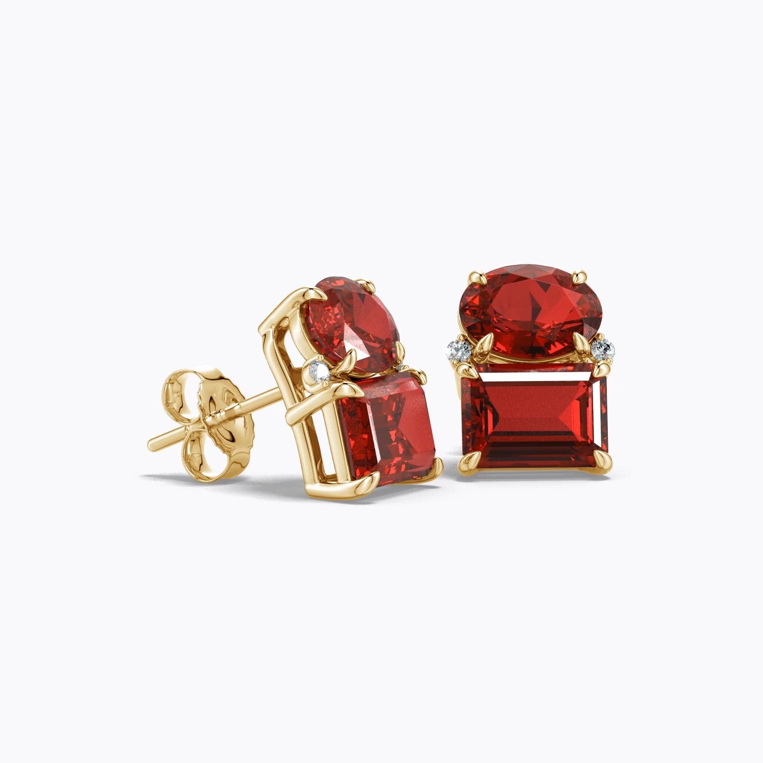 2.53 CTW Oval and Emerald-Cut Lab-Grown Ruby Two-Stone Stud Earrings in 14K Yellow Gold