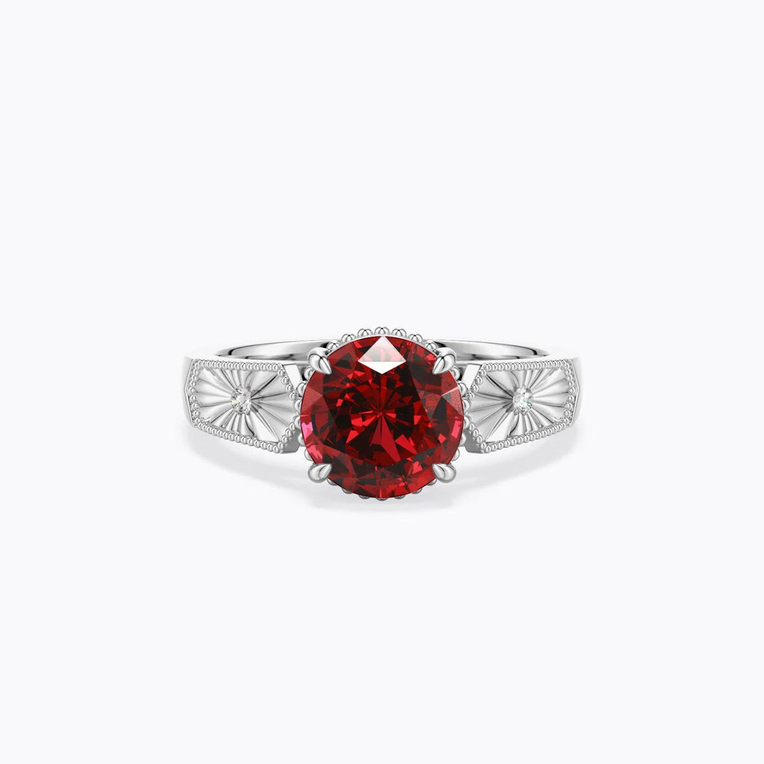 2.43 CTW Lab-Grown Aeon Vintage Inspired Ruby Halo Three Stone Engagement Ring with Milgrain in 14K White Gold