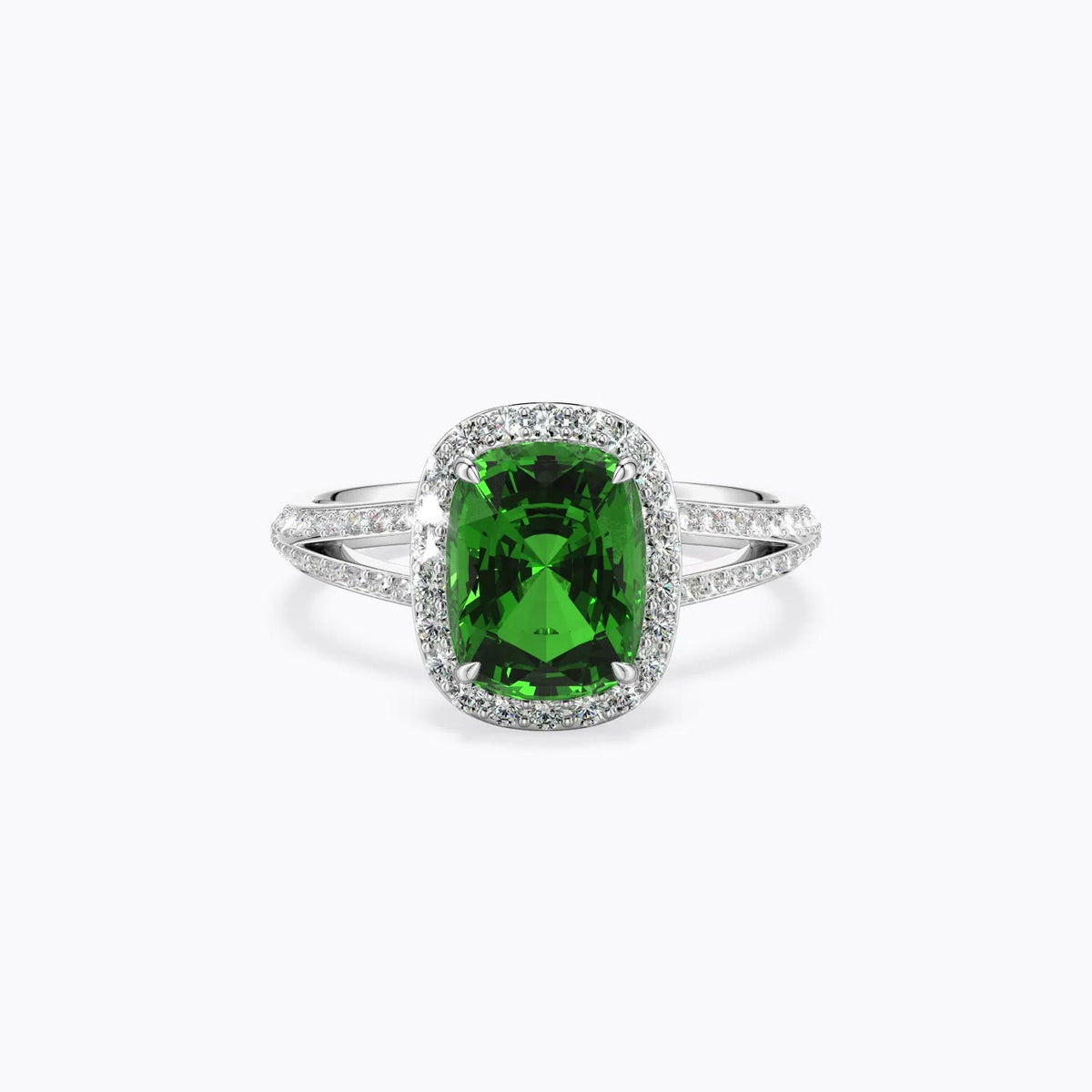 3.42 CTW Cushion Rectangular Emerald Halo Engagement Ring with Accents in 18K White Gold