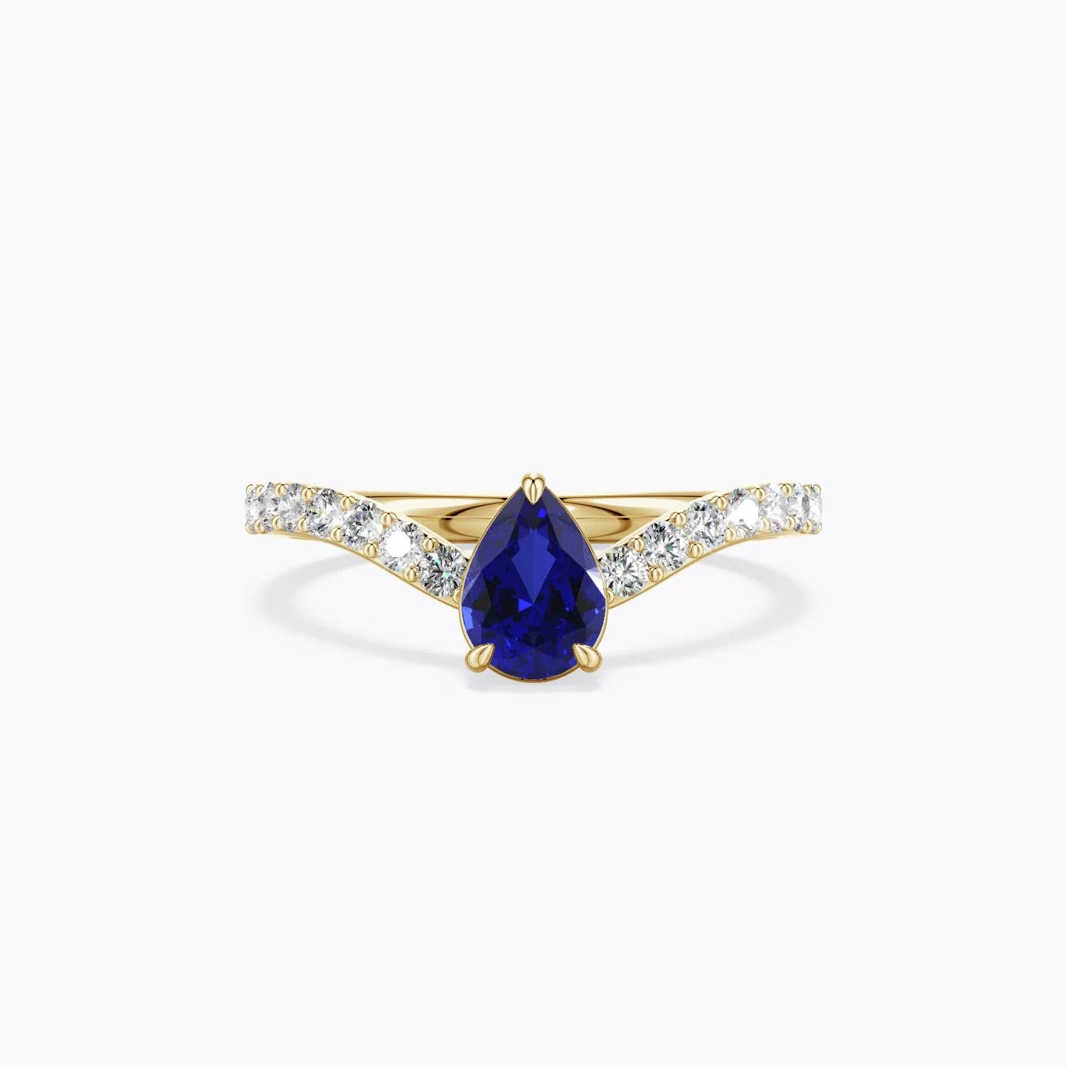 1.5 CTW Pear Blue Sapphire Curved Engagement Ring with Accents in 14K Yellow Gold