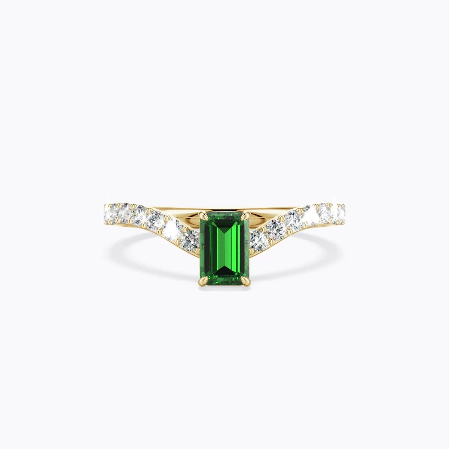 1.35 CTW Emerald-Cut Emerald Curved Engagement Ring with Accents in 14K Yellow Gold