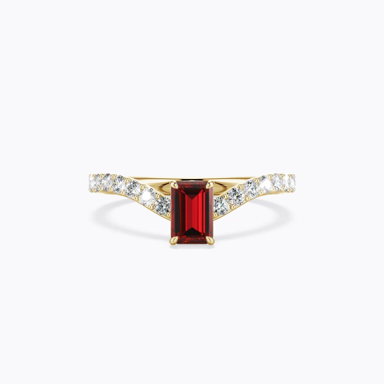 1.35 CTW Emerald-Cut Ruby Curved Engagement Ring with Accents in 14K Yellow Gold