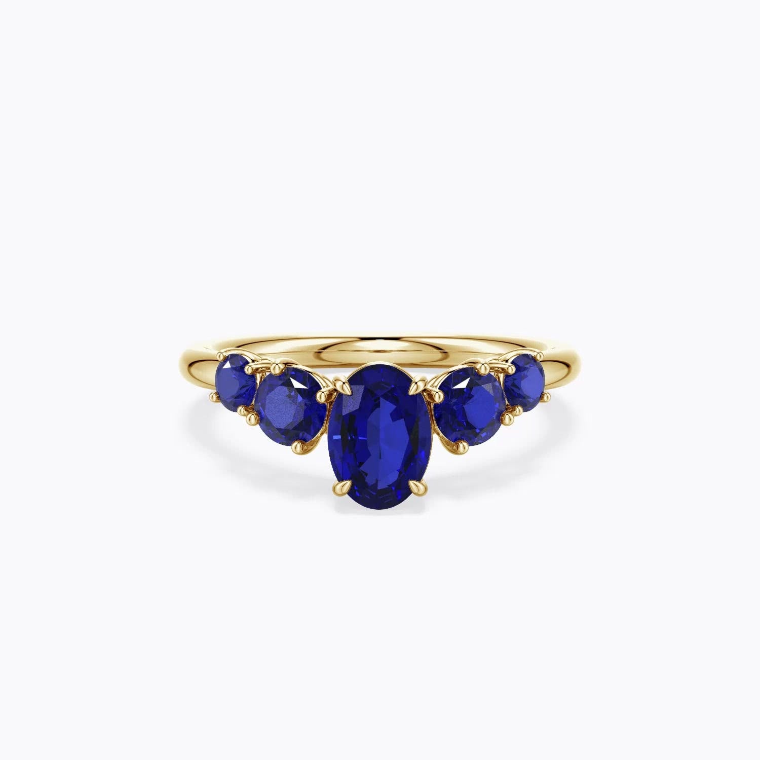 0.94 CTW Lab-Grown Horizontally Set Oval Sapphire Solitaire Engagement Ring with Trio Lab Diamond Accents in 18K Yellow Gold