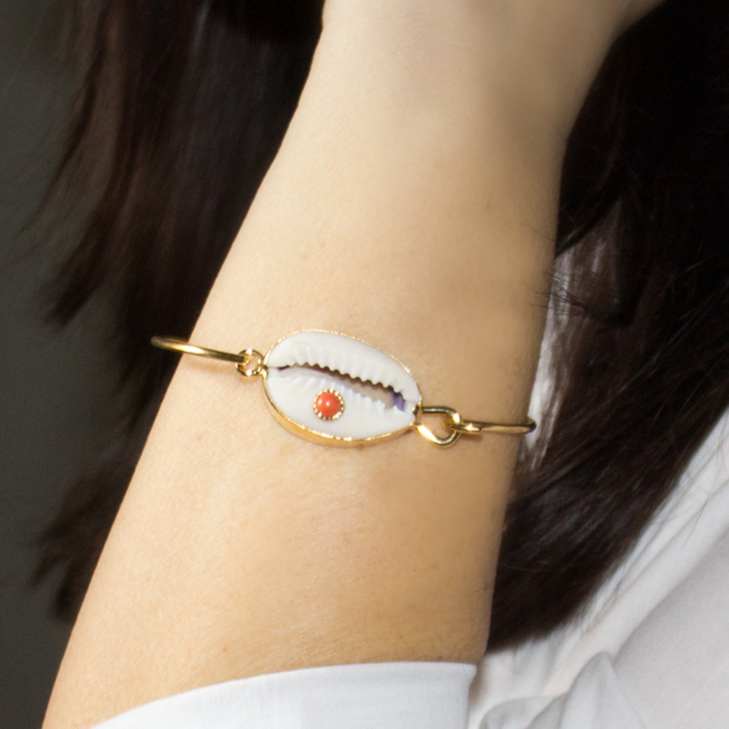 Coral & Cowrie Shell Cuff Bracelet