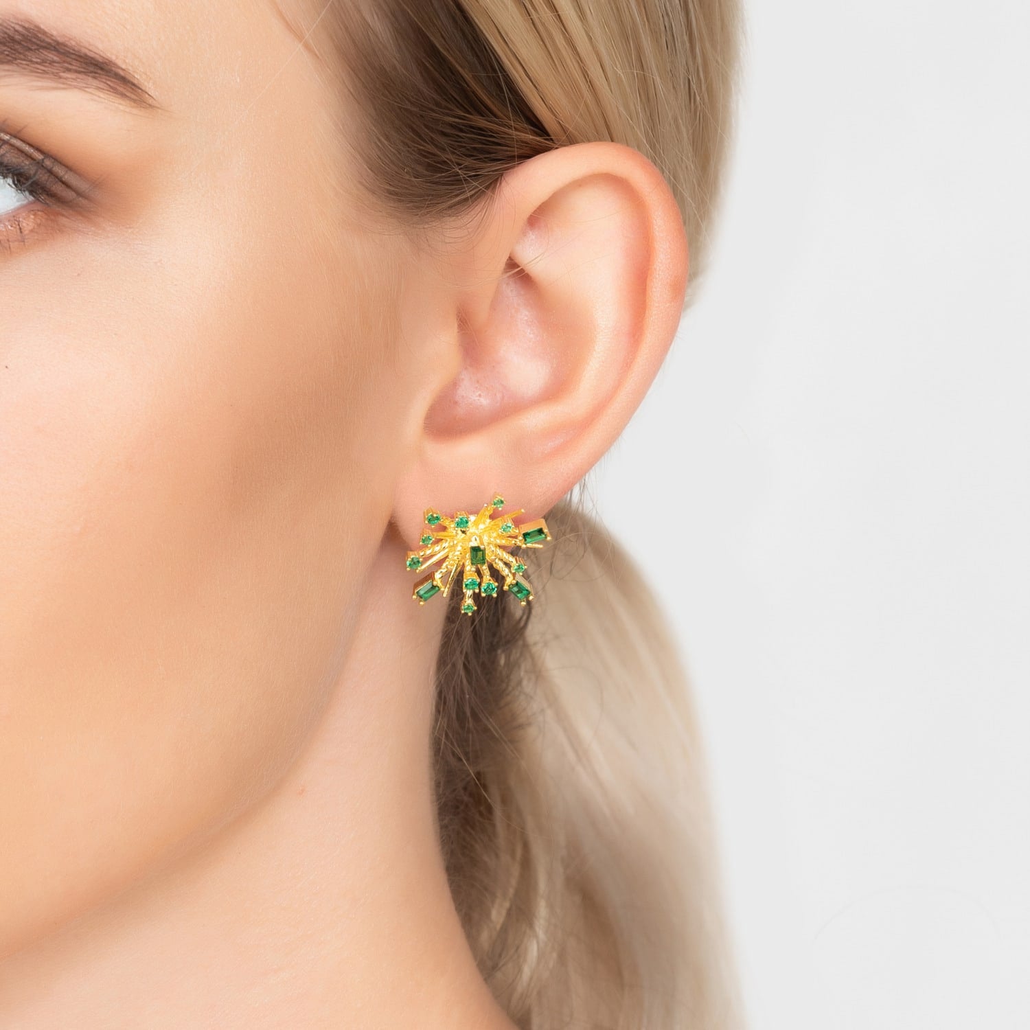 Cosmic Bang Baguette Cz Stud Earrings Green Cz