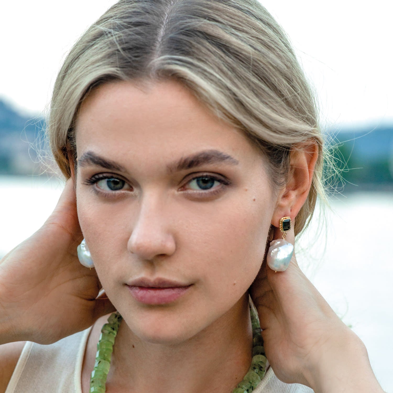 Luccichio Gold Vermeil Green Quartz And Pearl Earrings