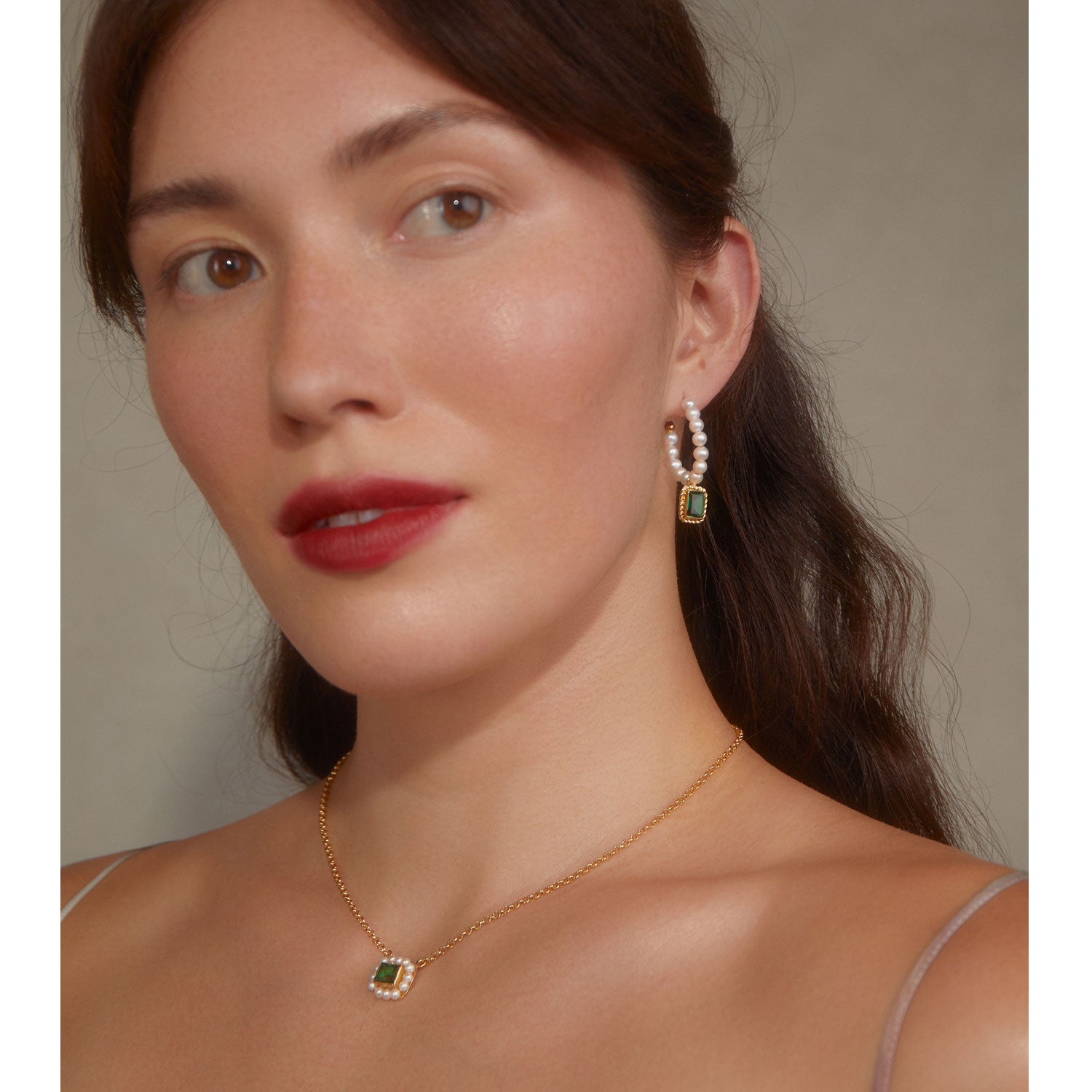 Luccichio Green Quartz And Pearl Hoop Earrings