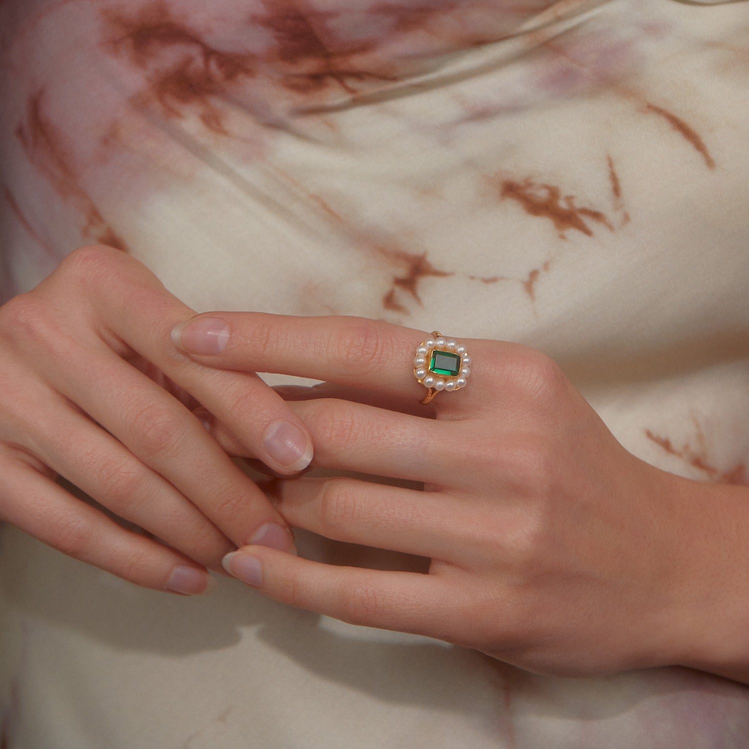 Luccichio Green Quartz And Pearl Stacking Ring