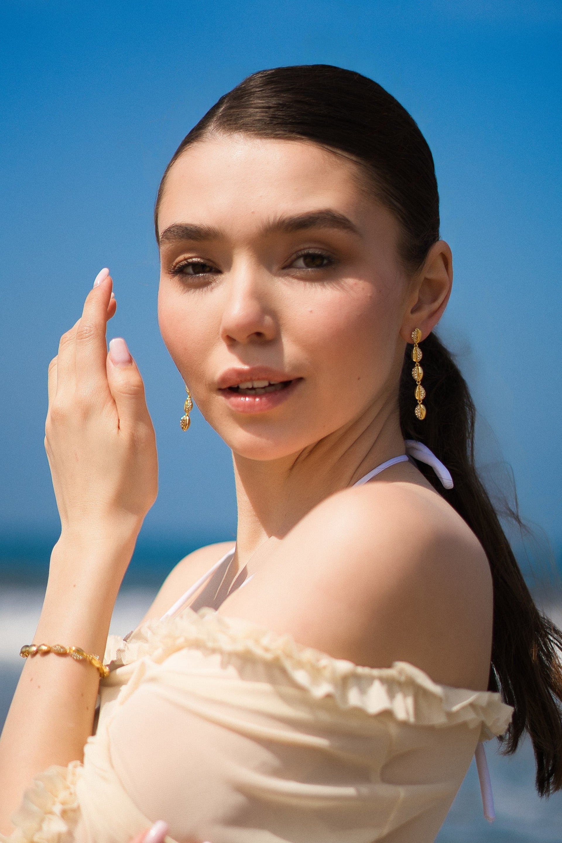 Lucia Gold Cascade Pavé Crystals Shell Drop Earrings