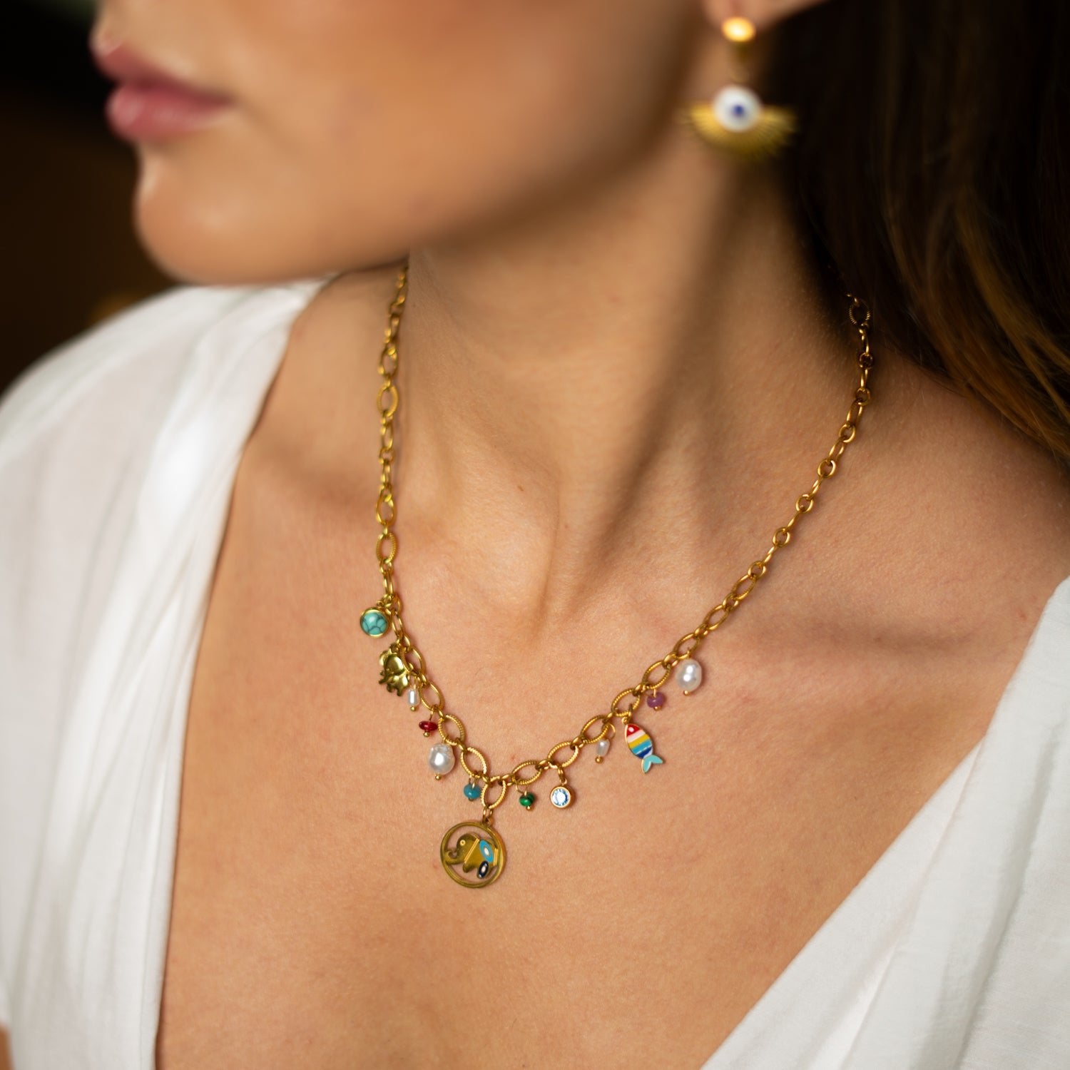 Lucky Elephant & Fish Charm Choker Necklace - Gold