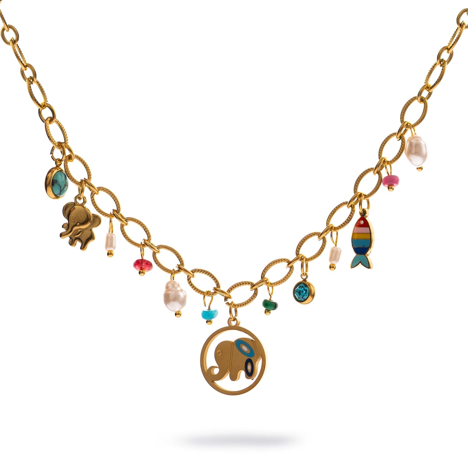 Lucky Elephant & Fish Charm Choker Necklace - Gold