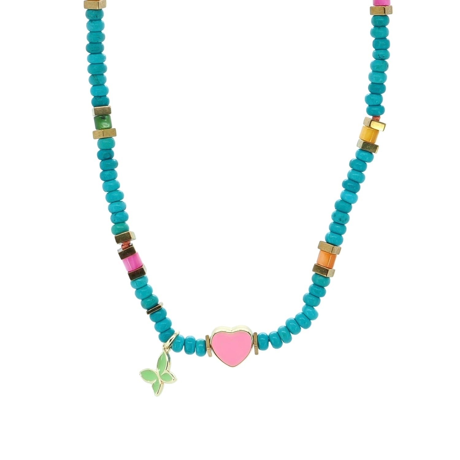 Lucky Heart & Butterfly Turquoise Charm Necklace - Blue
