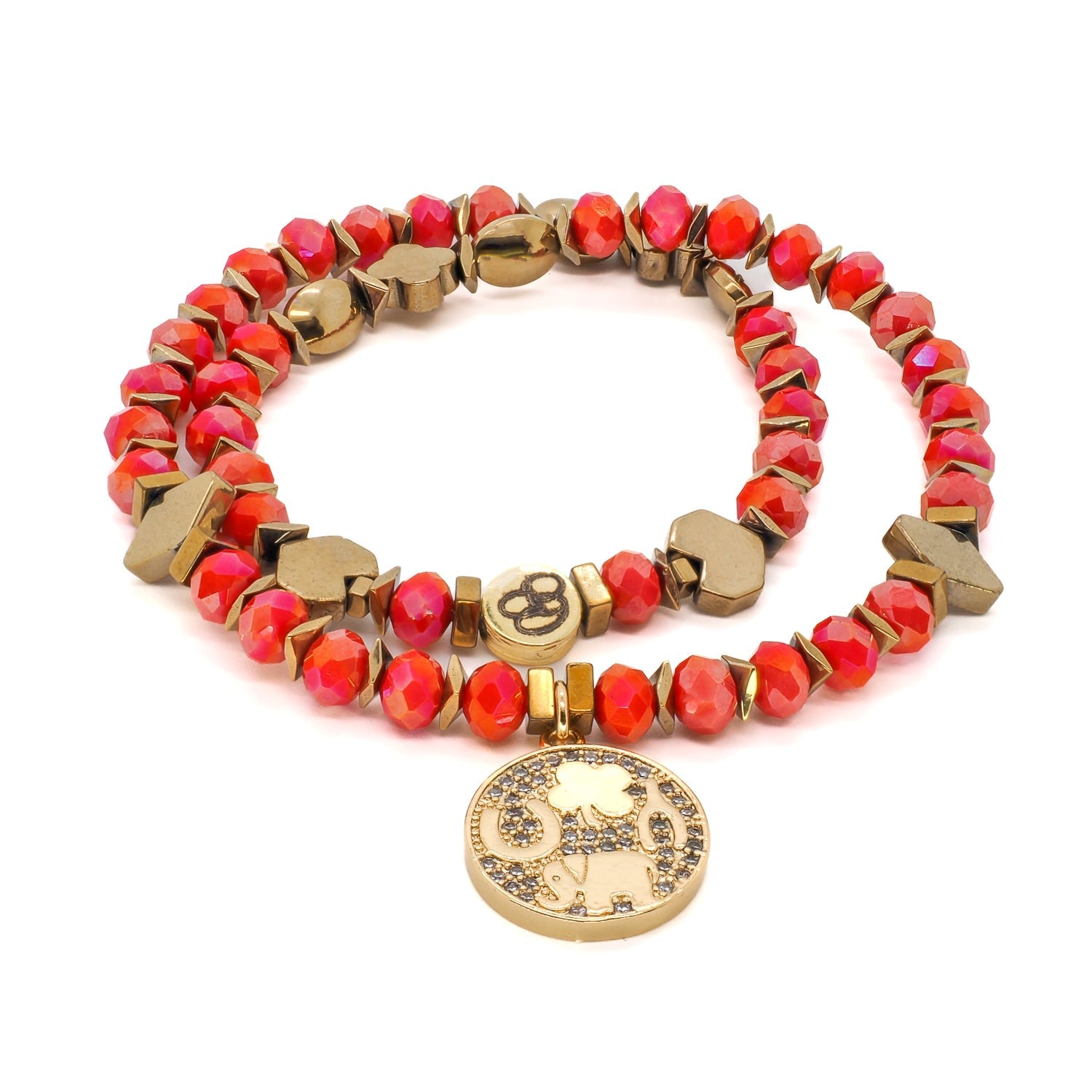 Lucky & Protection Symbol Charm Double Beaded Red Bracelet - Red