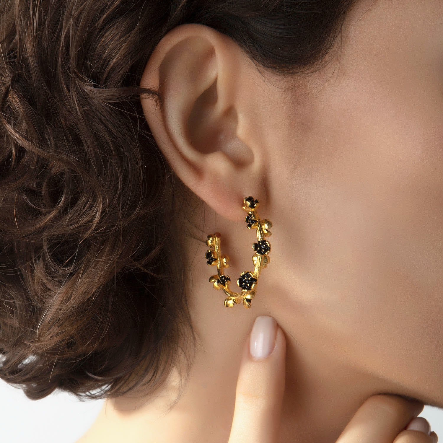 Large Black Flower Hoop Earrings