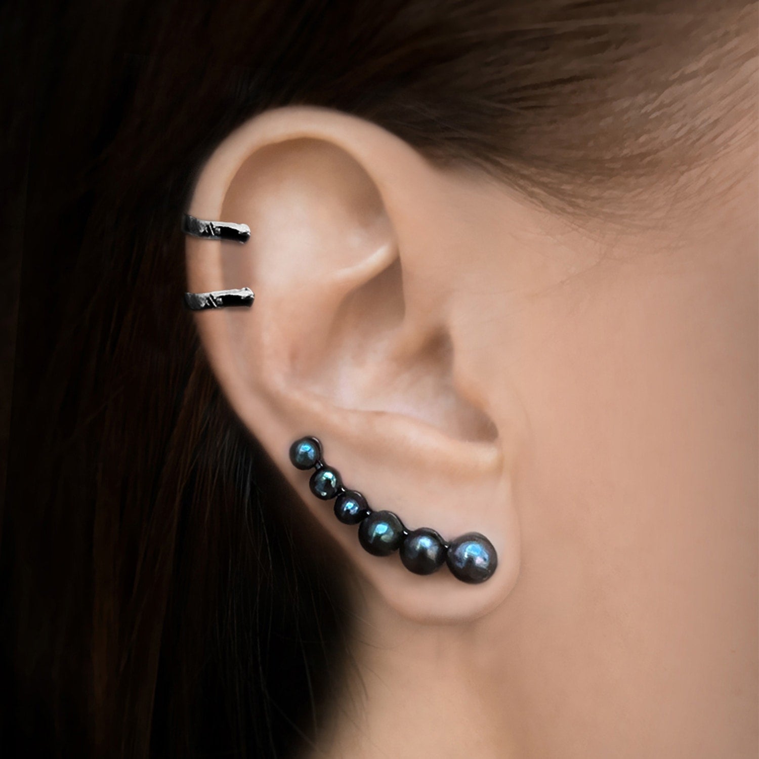 Luna Ear Climber With Natural Black Pearl In Premium Black Rhodium