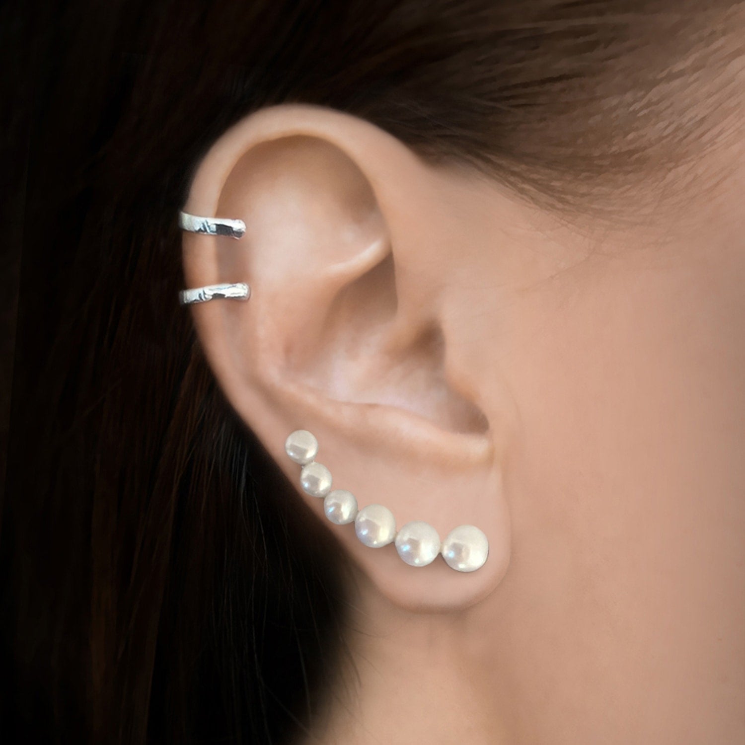 Luna Ear Climber With Natural White Pearl In Sterling Silver