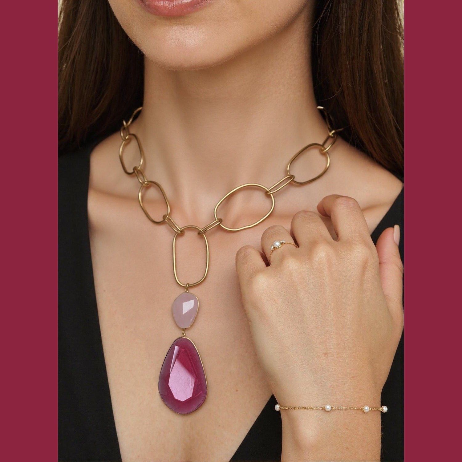 Lux Statement Double Drop Pendant Necklace Red