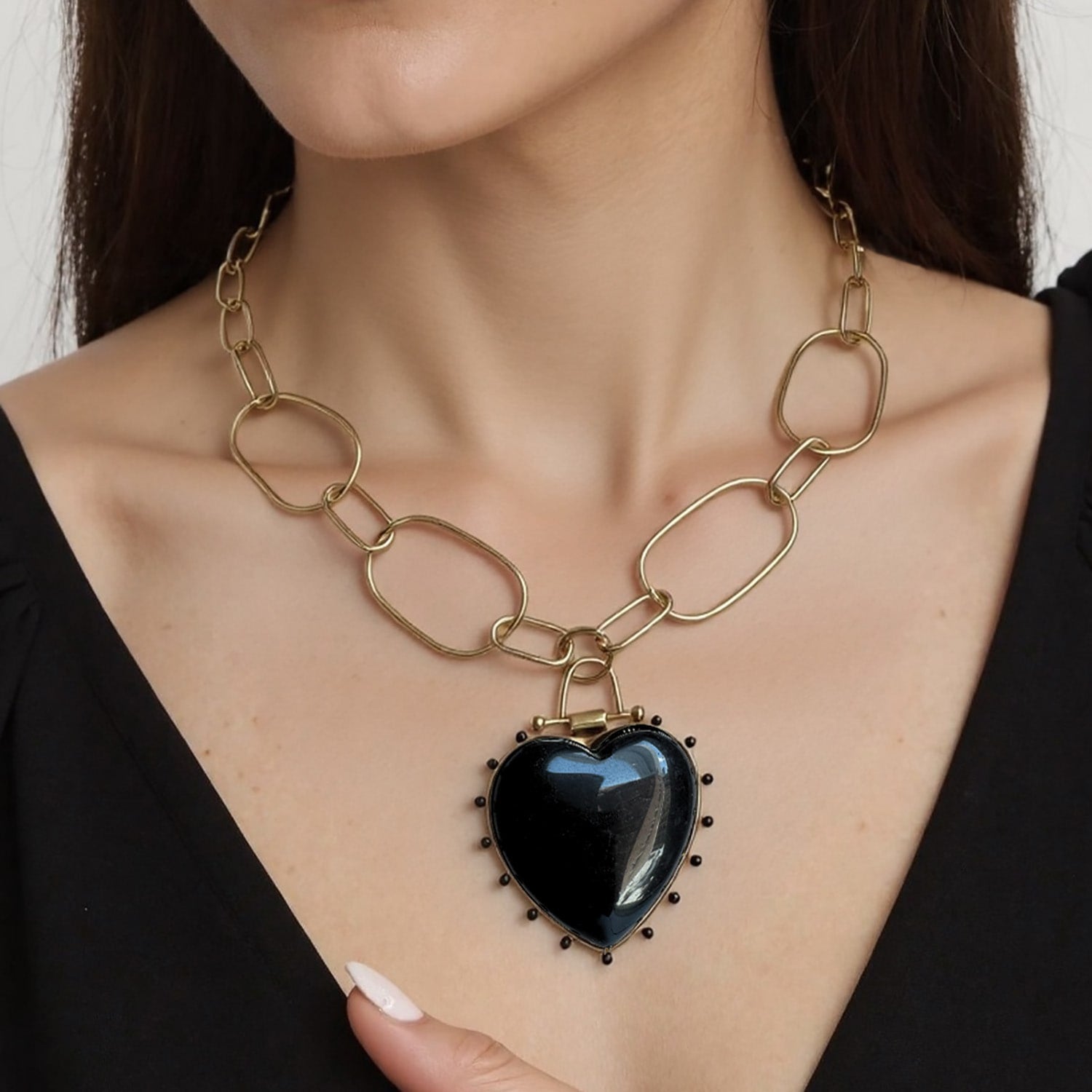 Luxe Black Onyx Heart Beaded Pendant Necklace