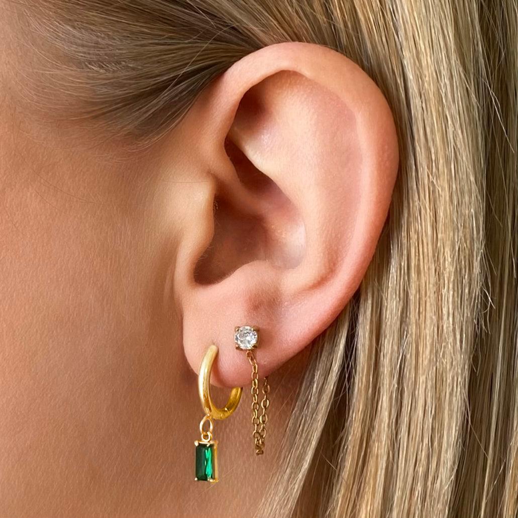 Luxe Gold Emerald Drop Huggie Hoop Earrings
