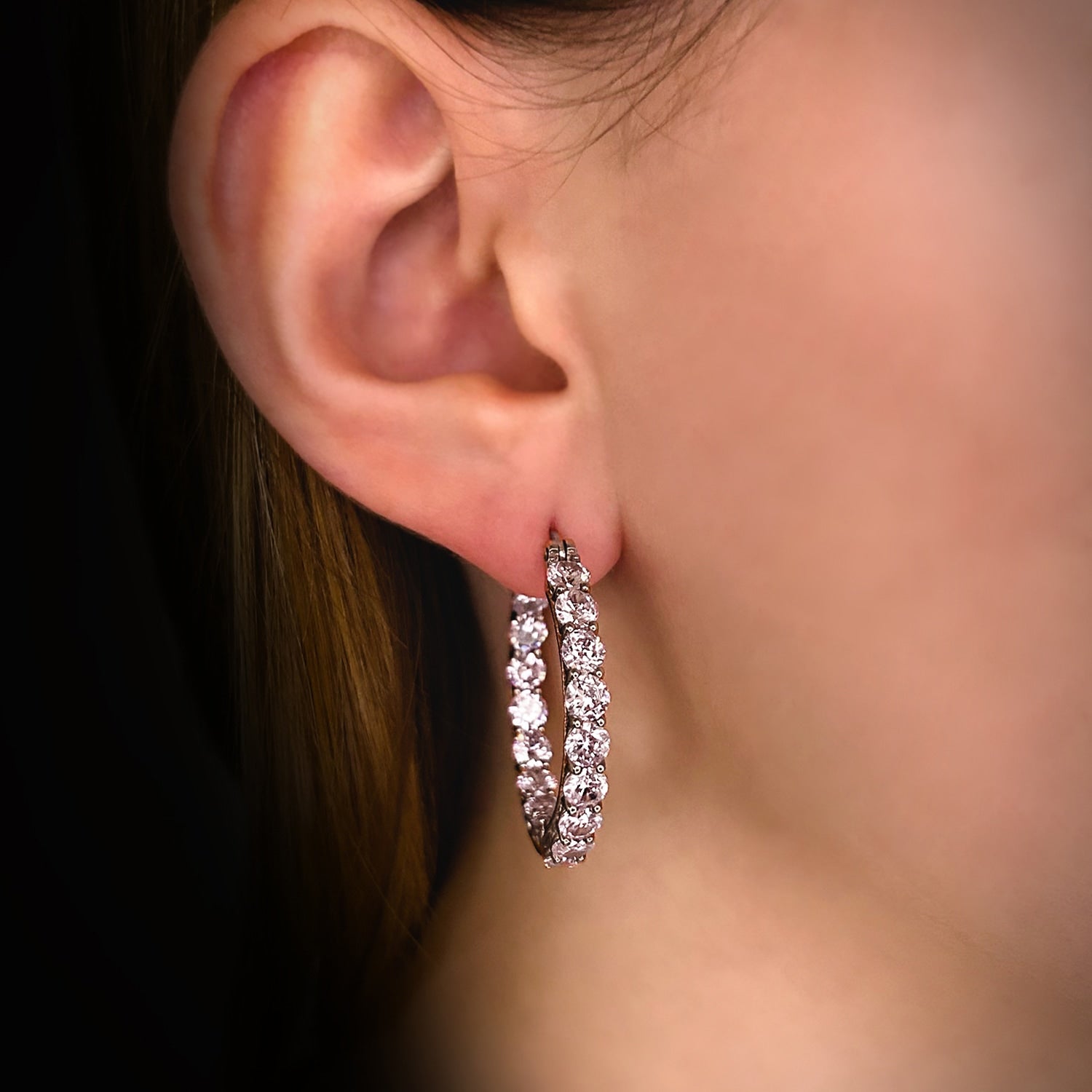 Luxe Grande Hoop Earrings With Man Made Cz Diamond Stimulant In Sterling Silver