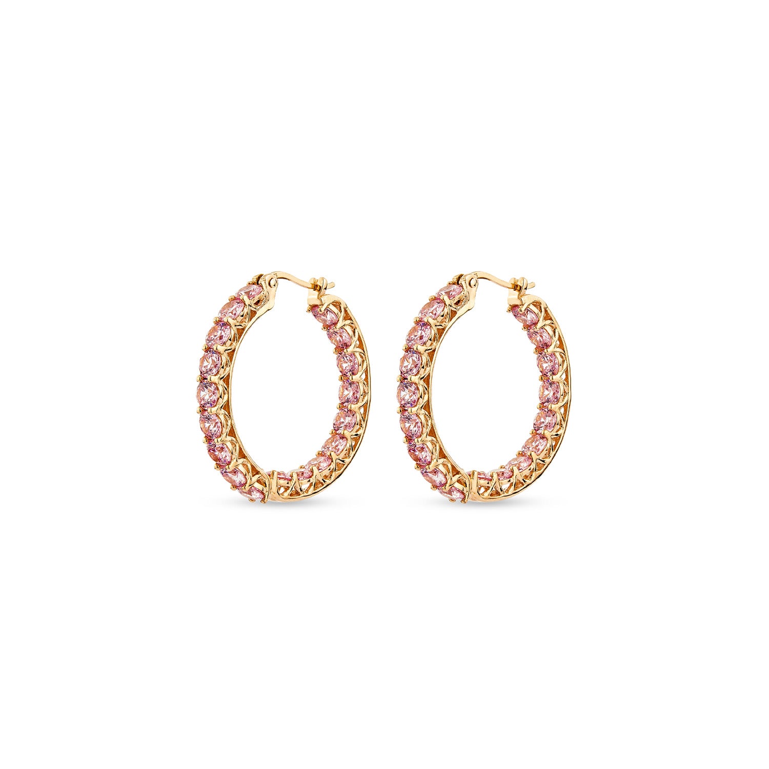 Luxe Grande Hoop Earrings With Man Made Pink Cz Diamond Stimulant In 18K Gold Vermeil