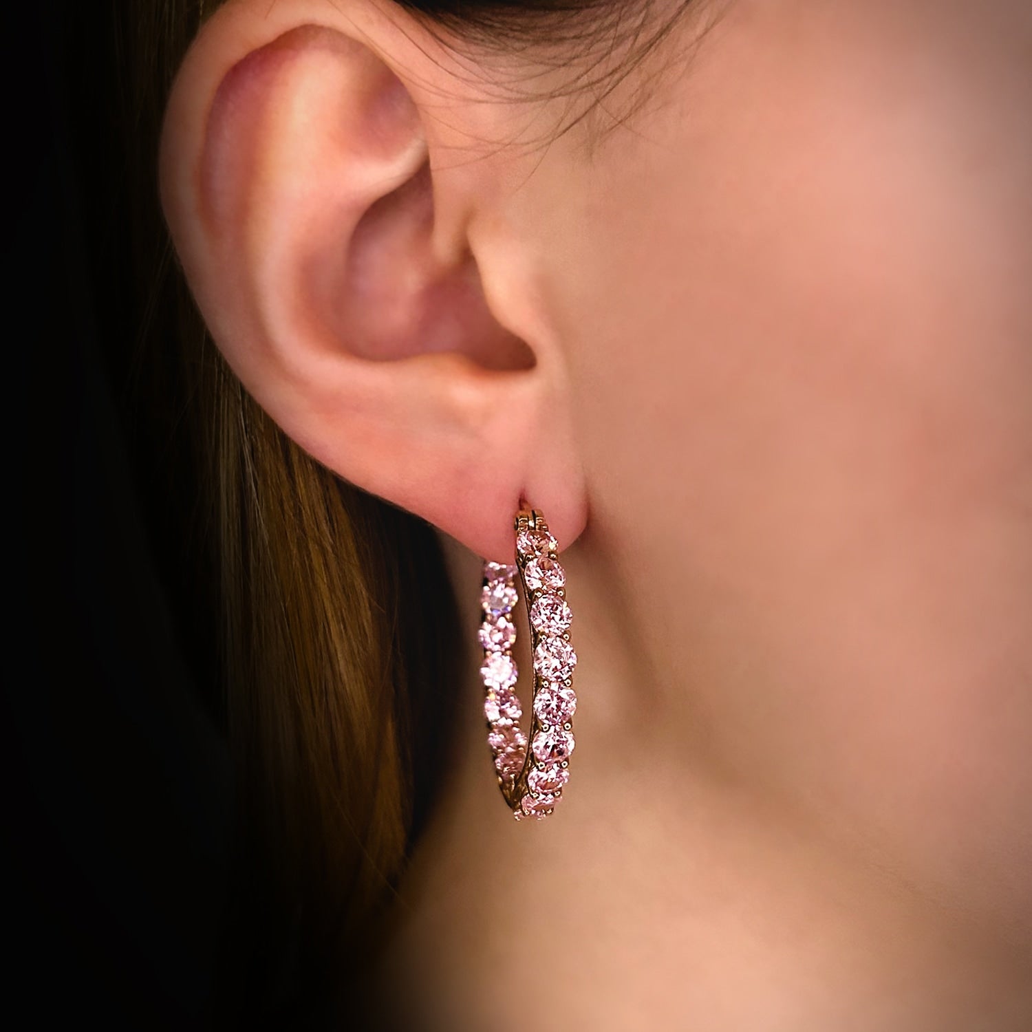 Luxe Grande Hoop Earrings With Man Made Pink Cz Diamond Stimulant In 18K Gold Vermeil