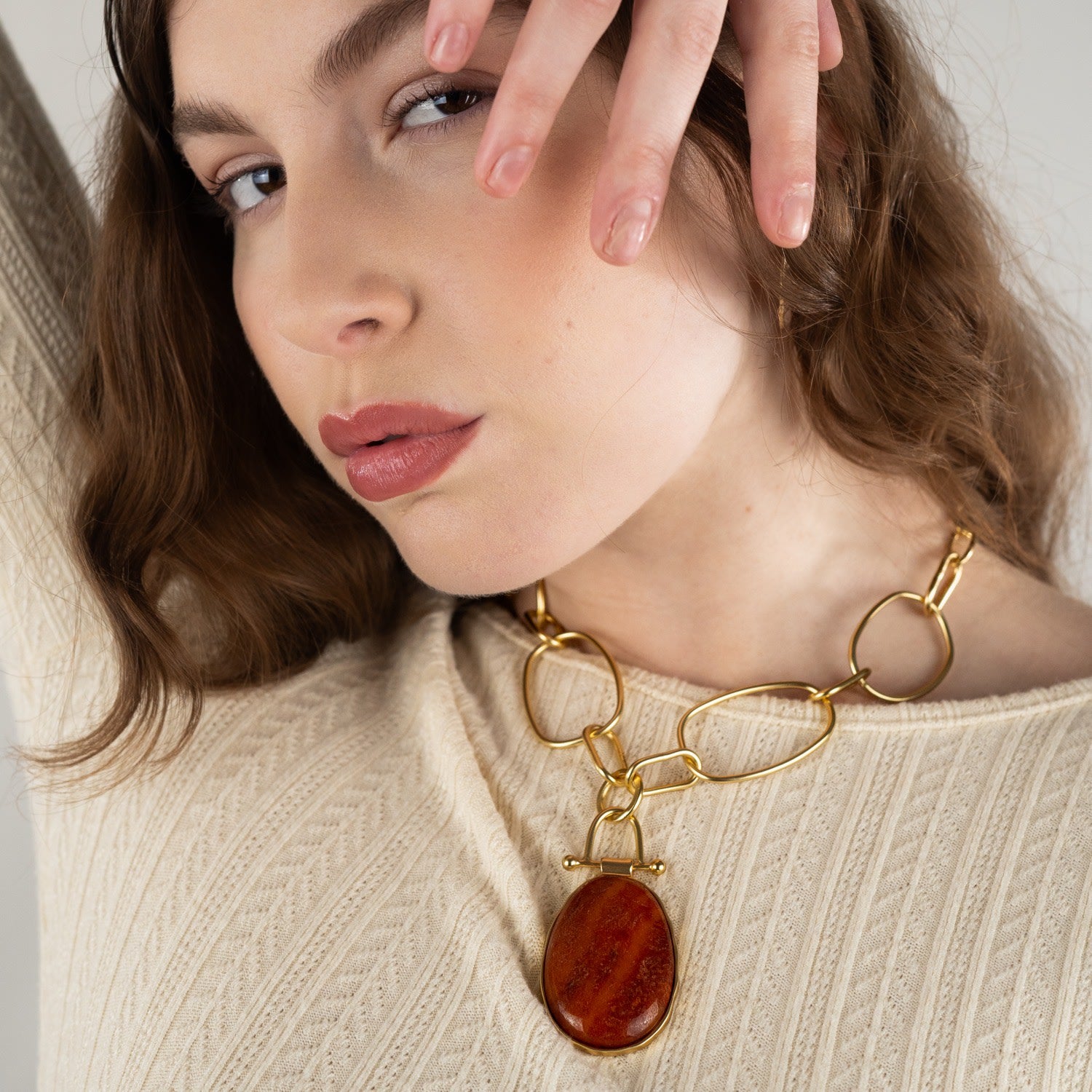 Luxe Oval Red Aventurine Pendant Chain Necklace