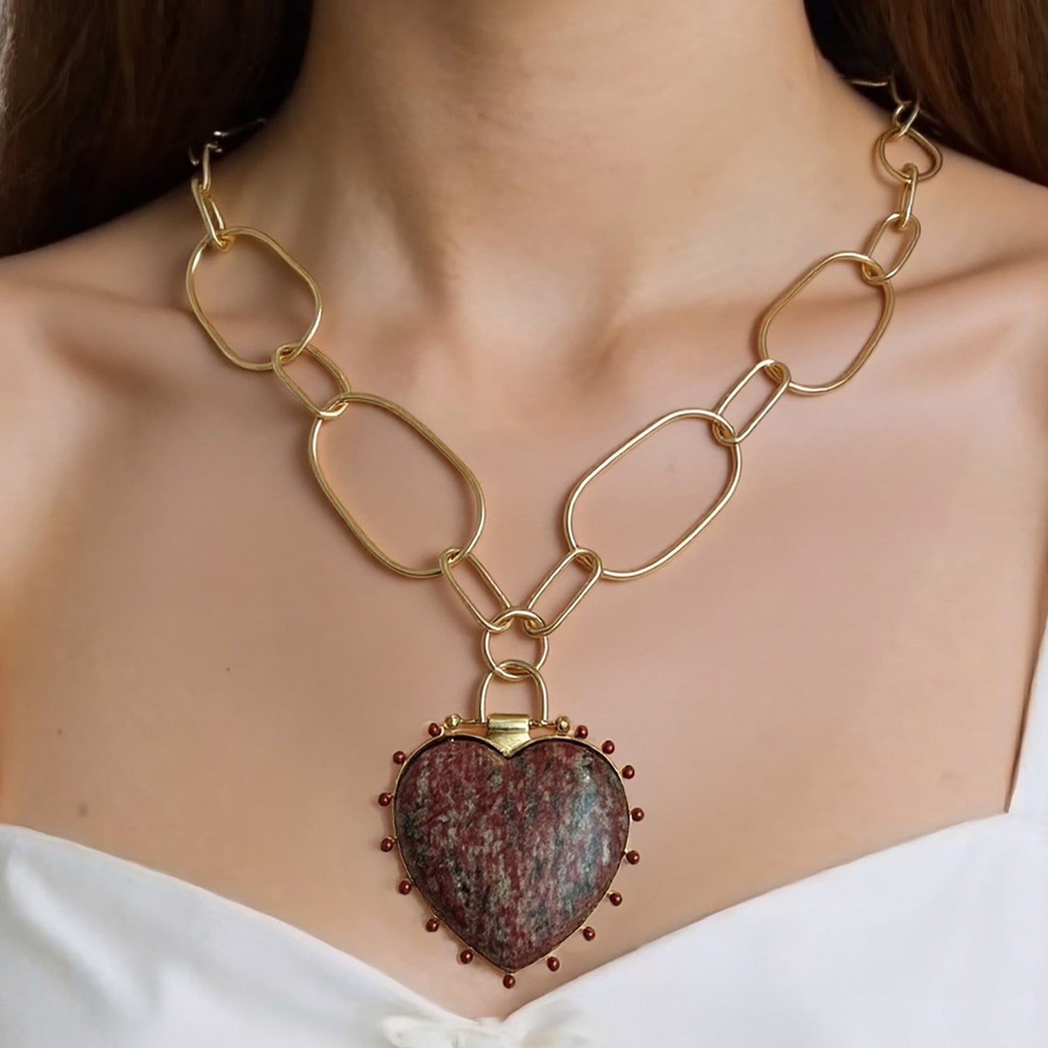 Luxe Red Jasper Beaded Heart Pendant Necklace