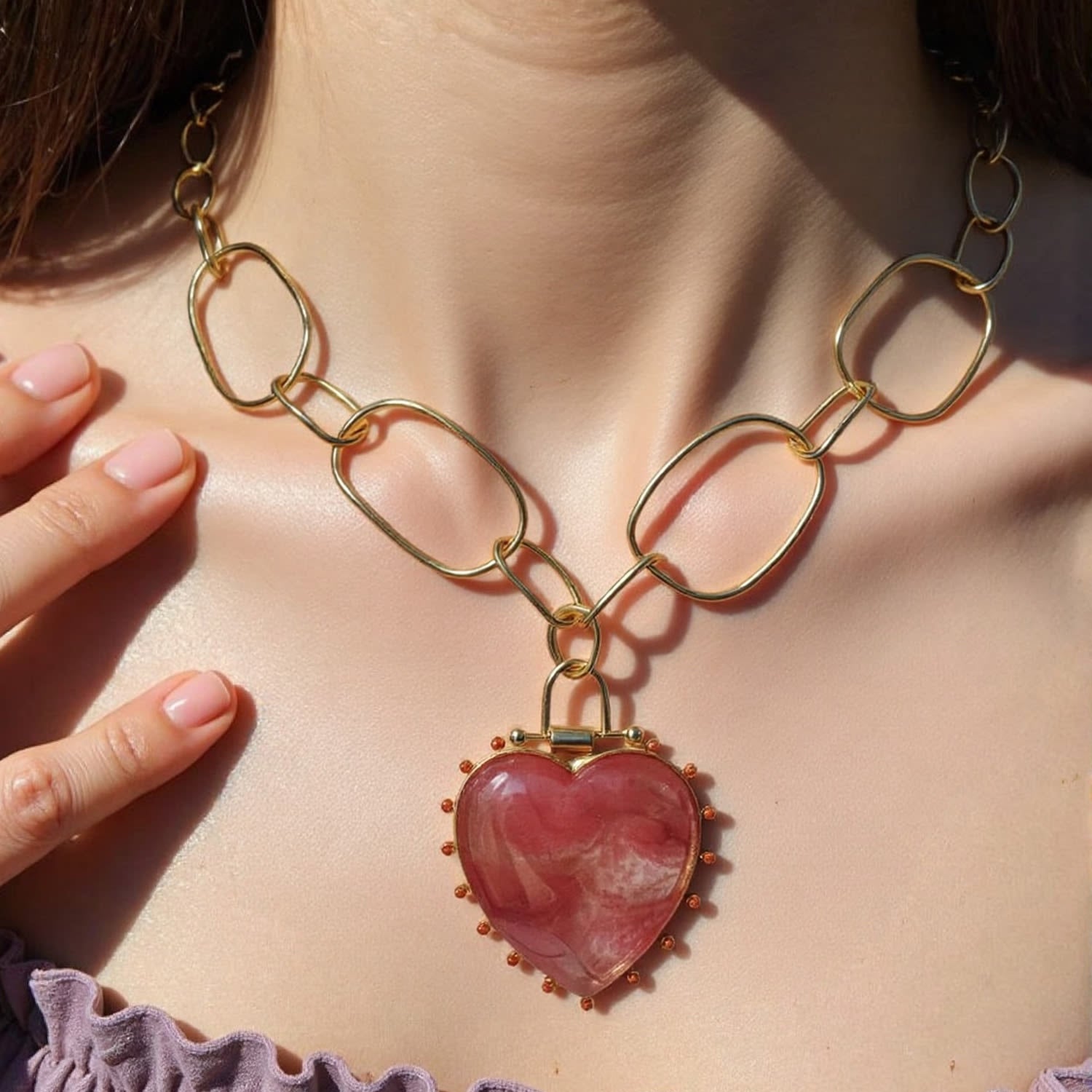 Luxe Strawberry Quartz Beaded Heart Pendant Necklace