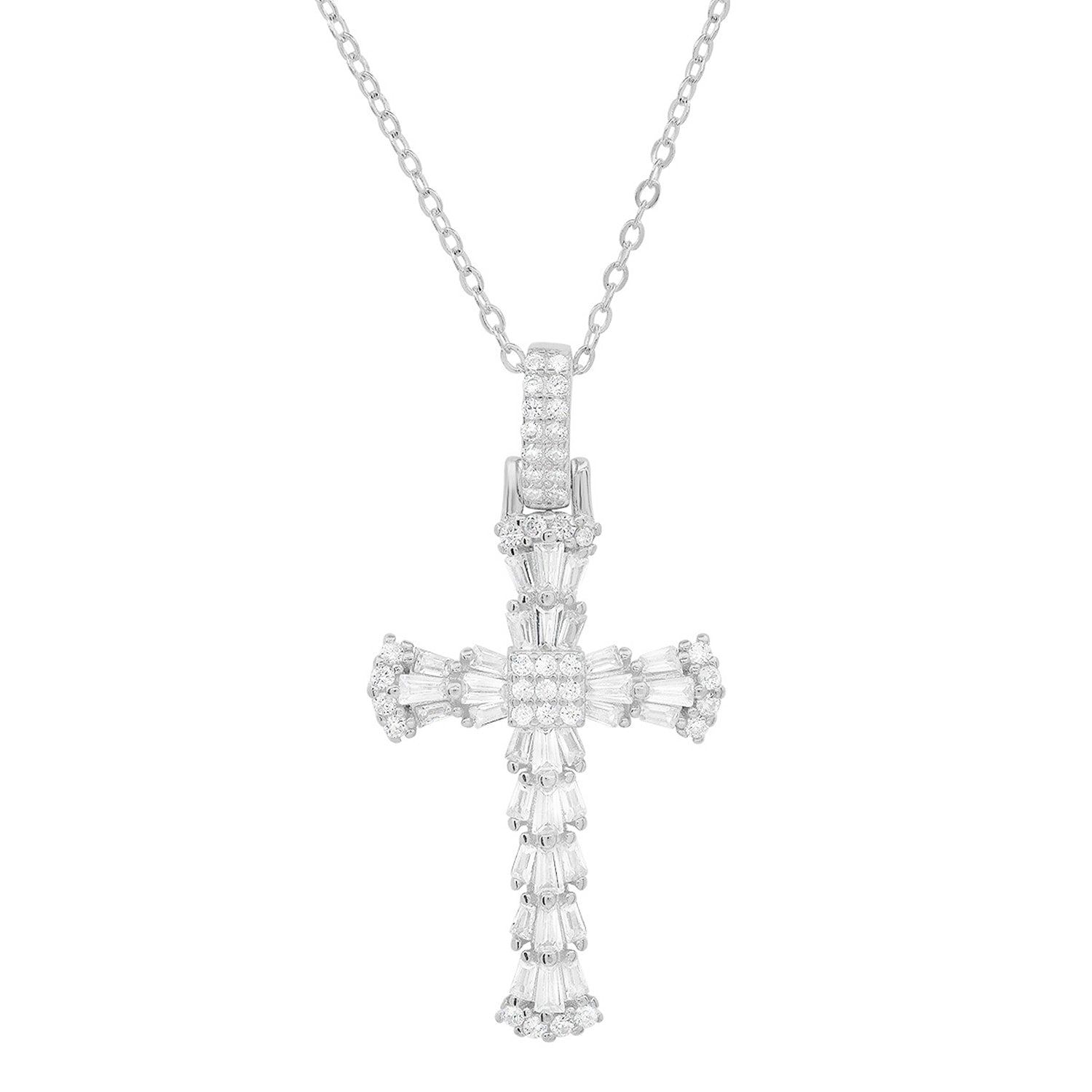 Luxurious Baguette-Cut Diamond Cz Cross Pendant Necklace In Sterling Silver