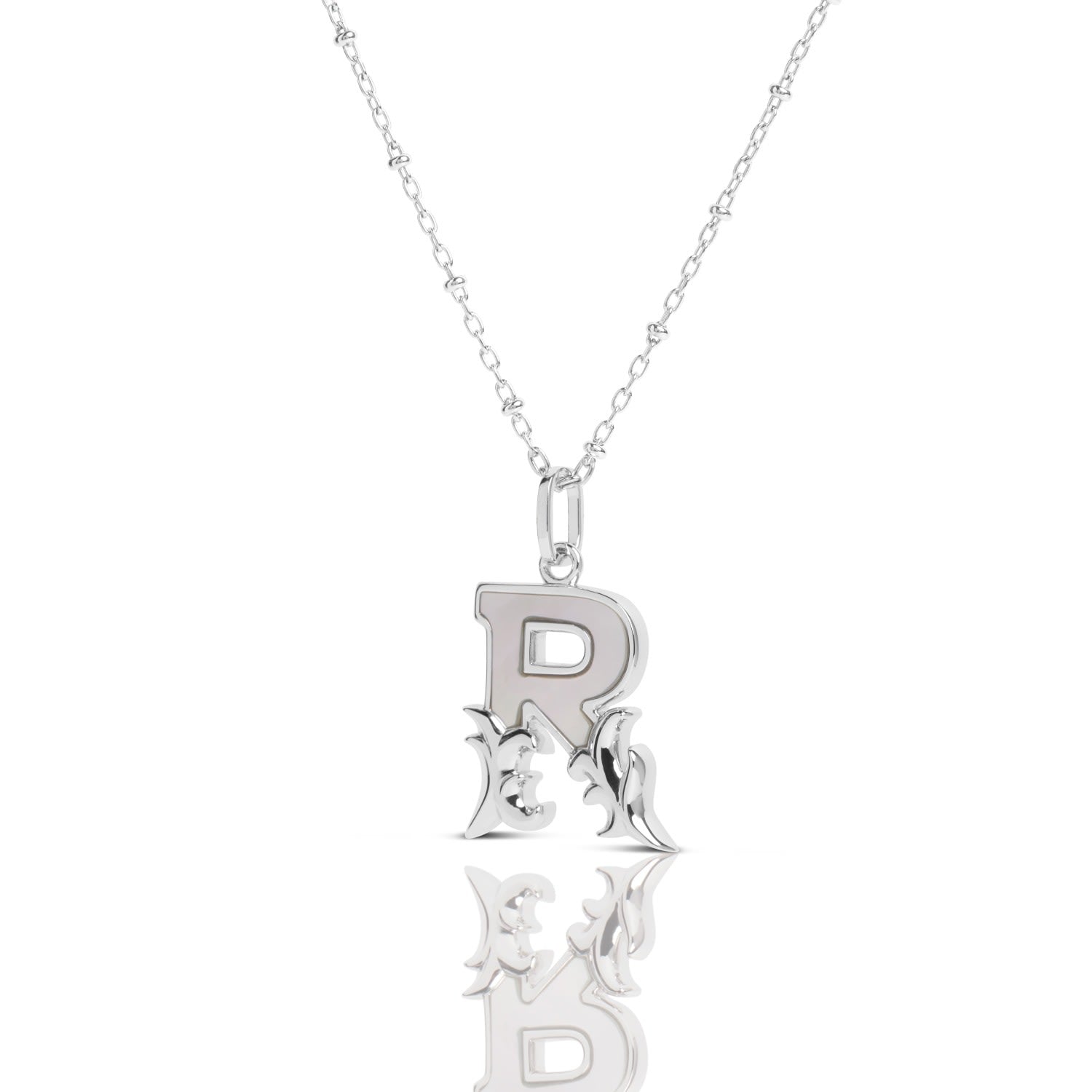 Solid Silver R Initial Necklace With Mother Of Pearl