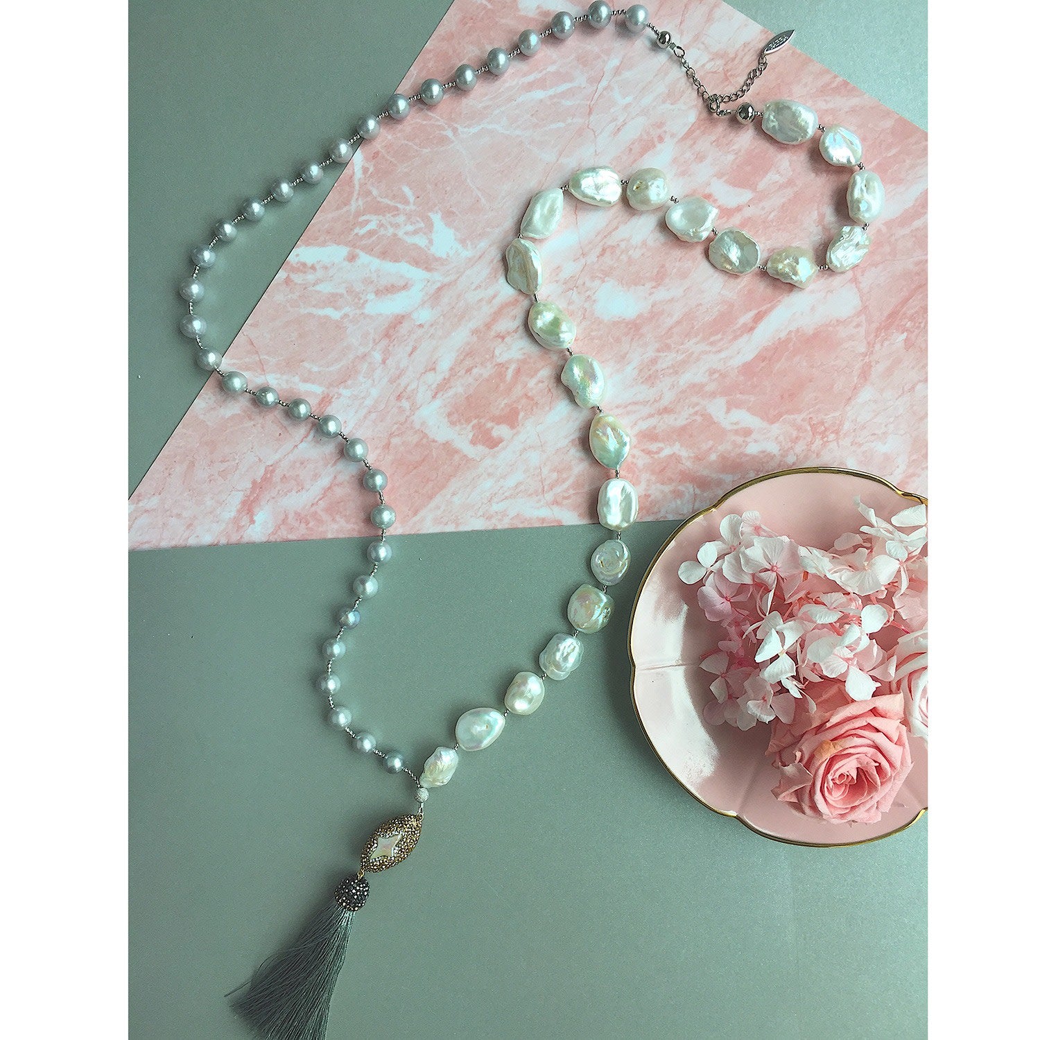 White & Gray Freshwater Pearls Multi-Way Tassel Necklace