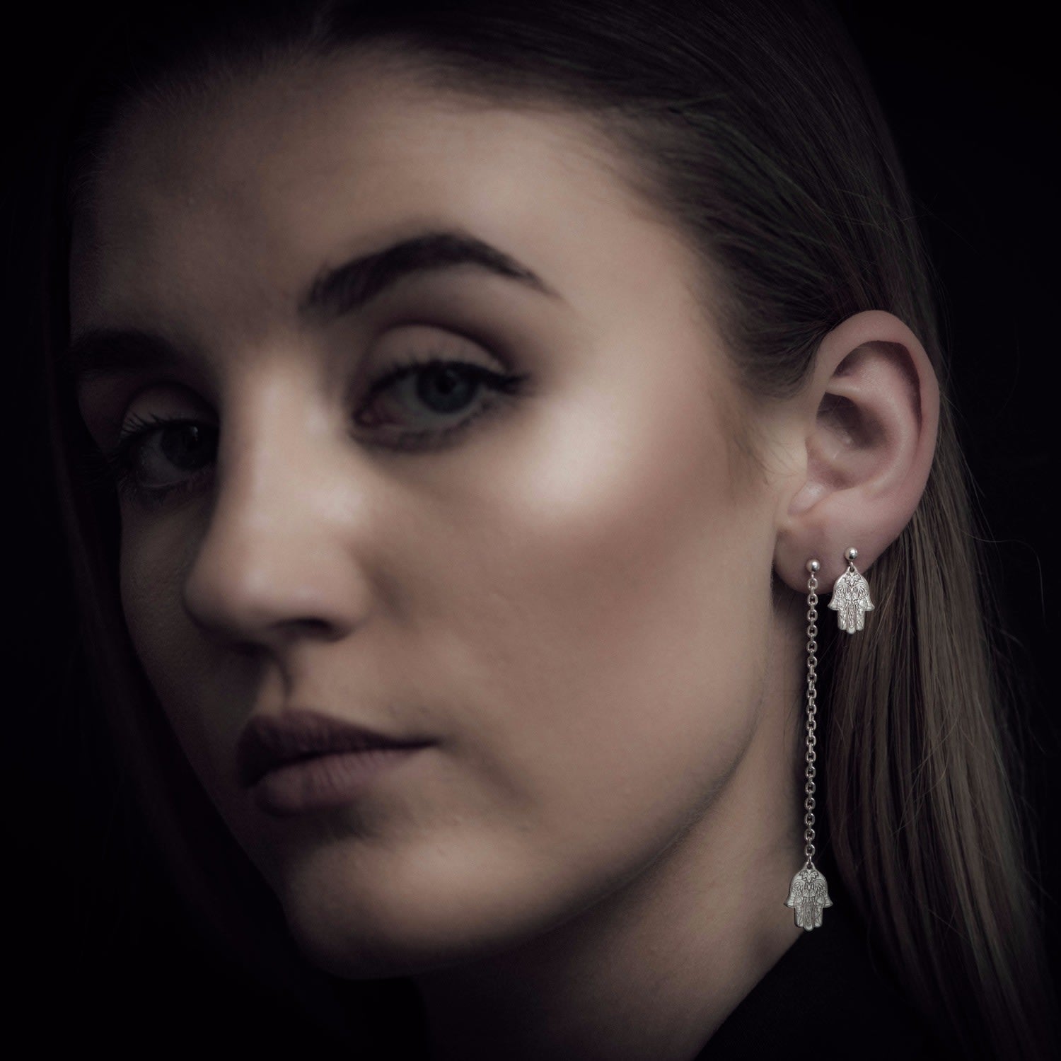 Silver Hamsa Hand Single Short Drop Earring