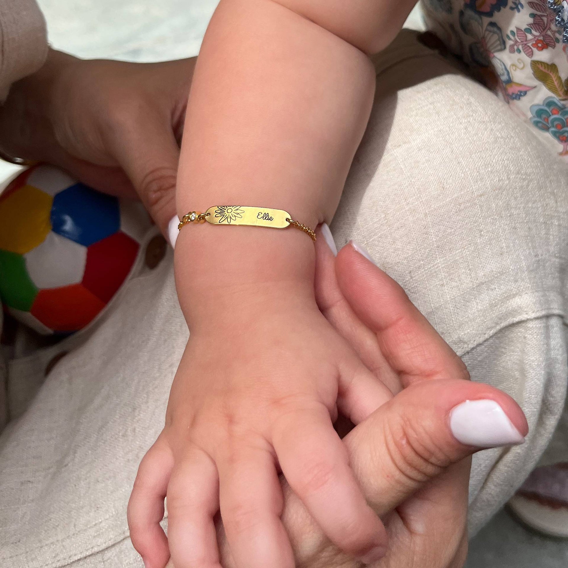 Lyla Baby Name Bracelet with Birth Flower and Stone in 18K Gold Plating