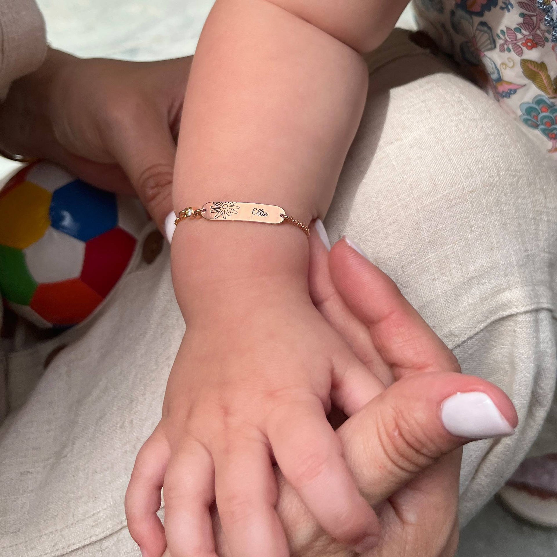 Lyla Baby Name Bracelet with Birth Flower and Stone in 18K Rose Gold Plating