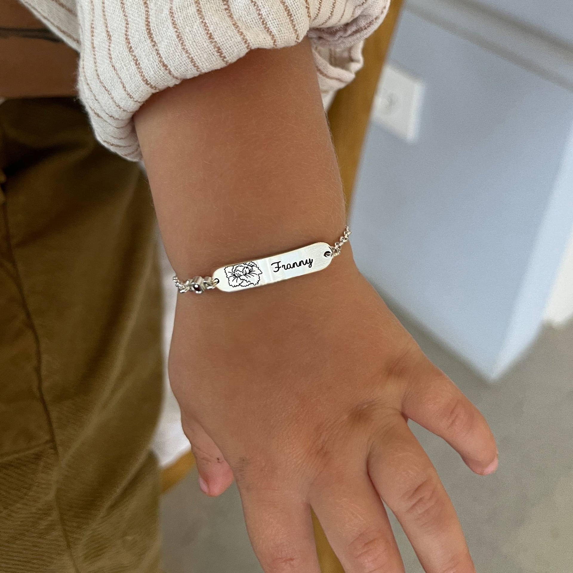 Lyla Baby Name Bracelet with Birth Flower and Stone in Sterling Silver