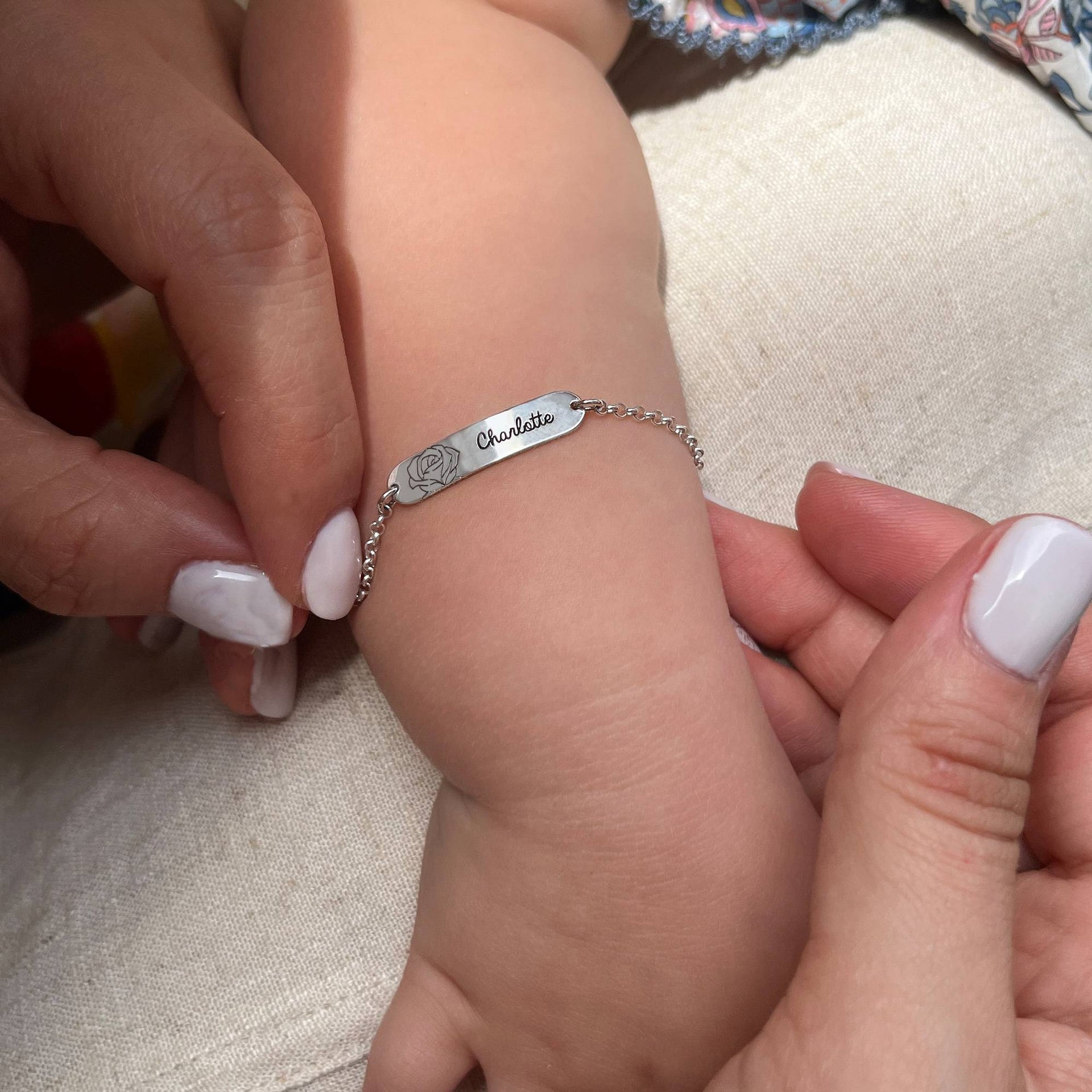 Lyla Baby Name Bracelet with Birth Flower in Sterling Silver